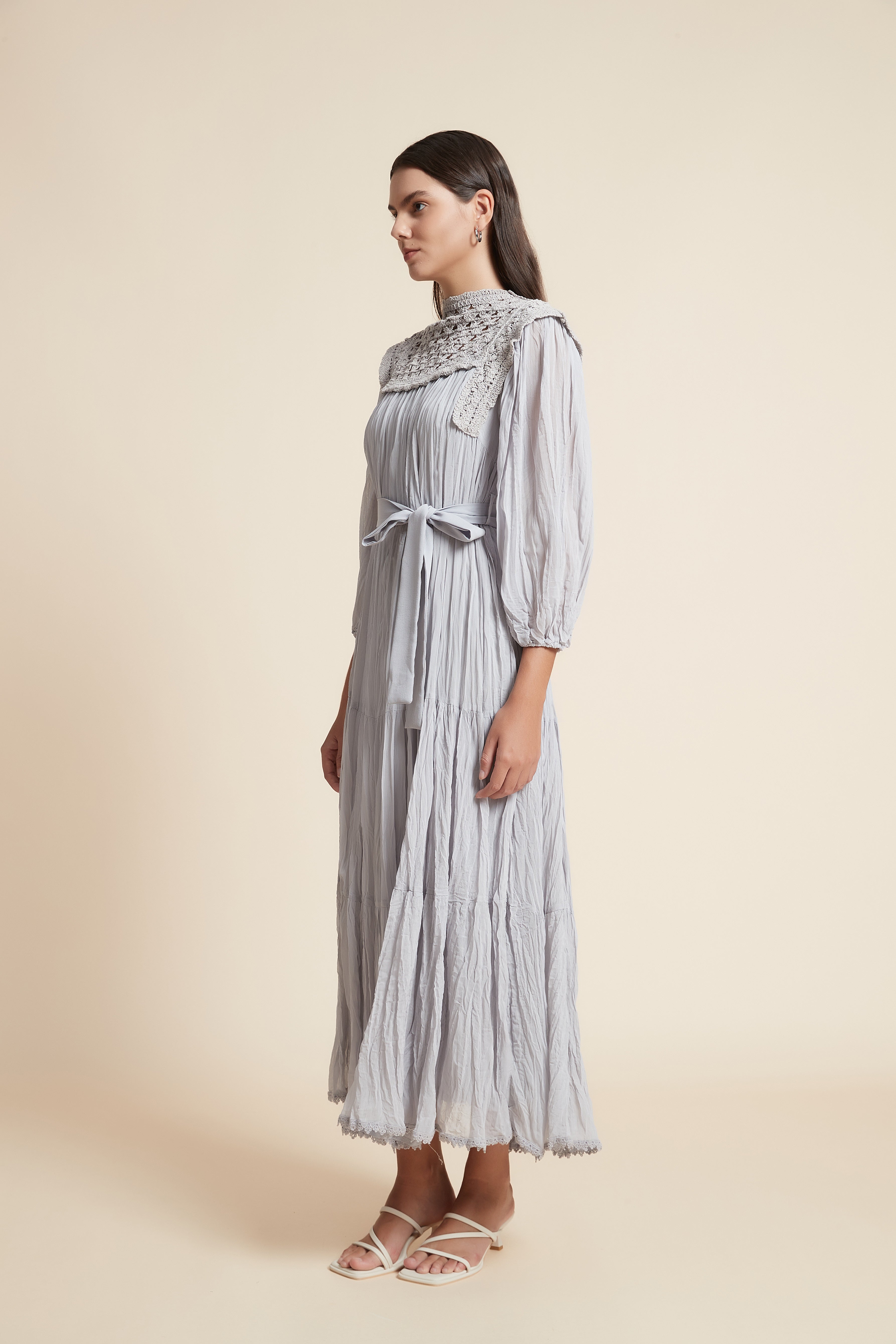Long Dress with Round Neck and Long Sleeves in a Flowy Fit