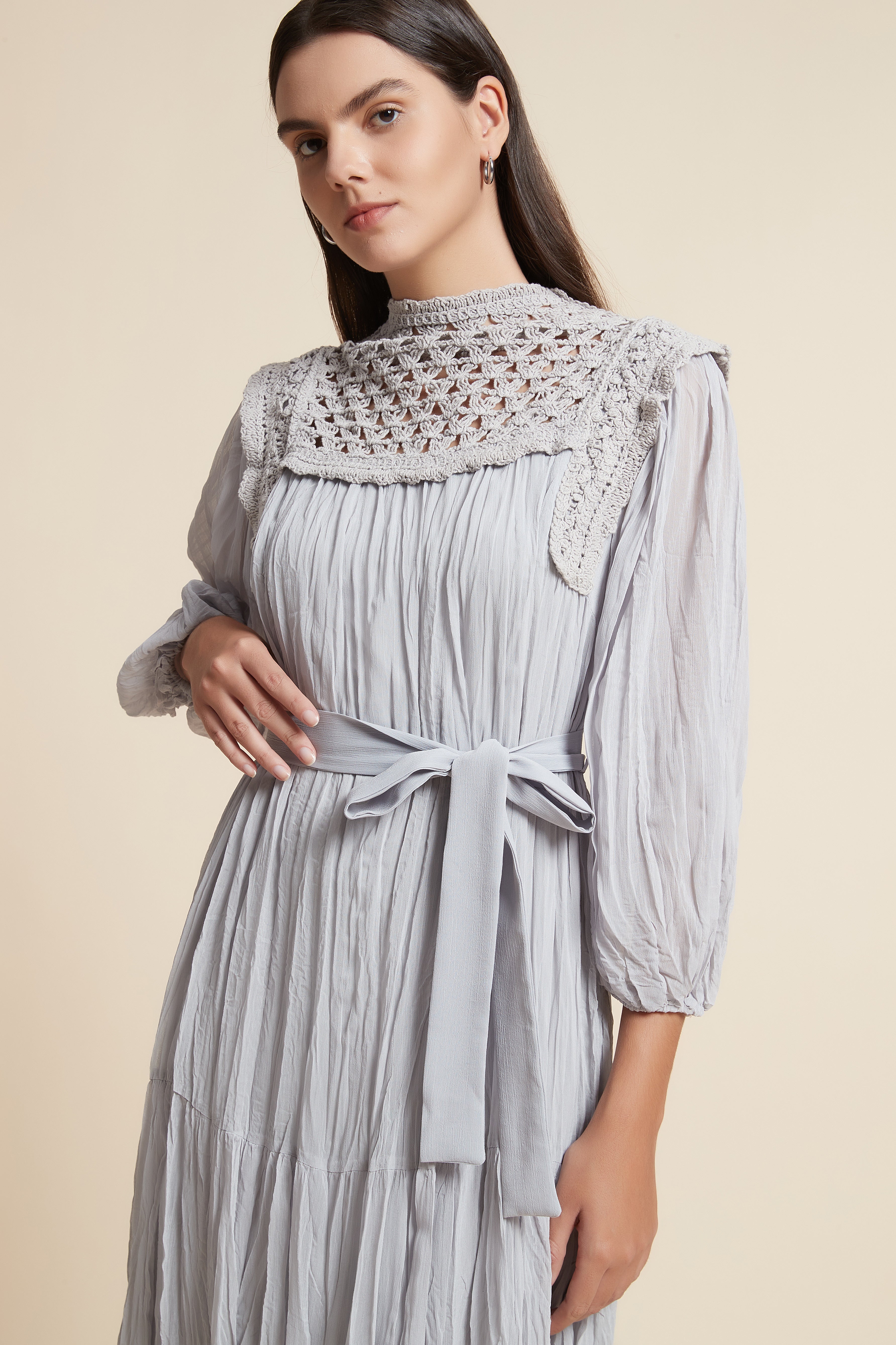 Long Dress with Round Neck and Long Sleeves in a Flowy Fit