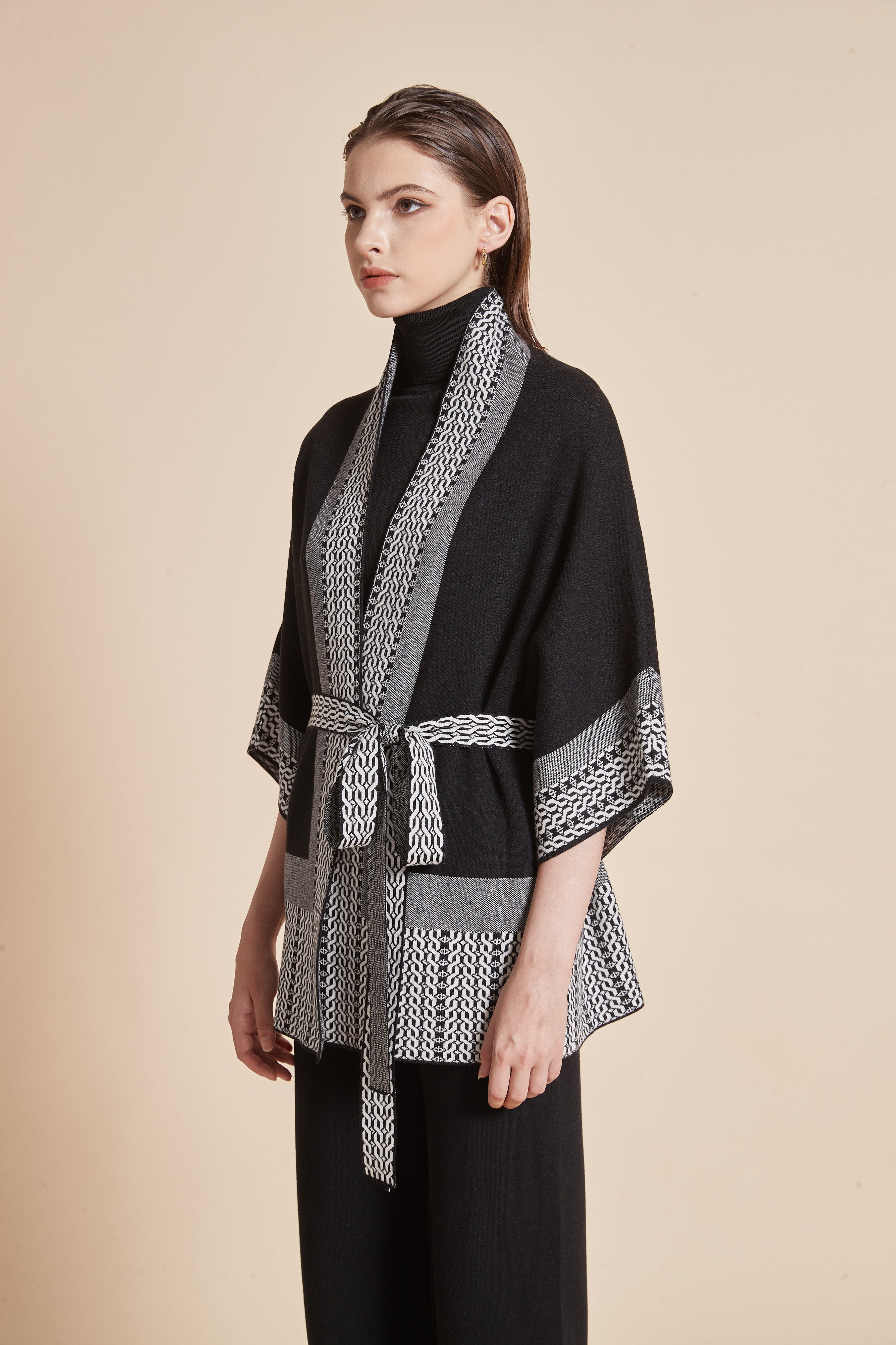 Long Polka-Dot Cardigan With 3/4 Sleeves And A Waist Belt