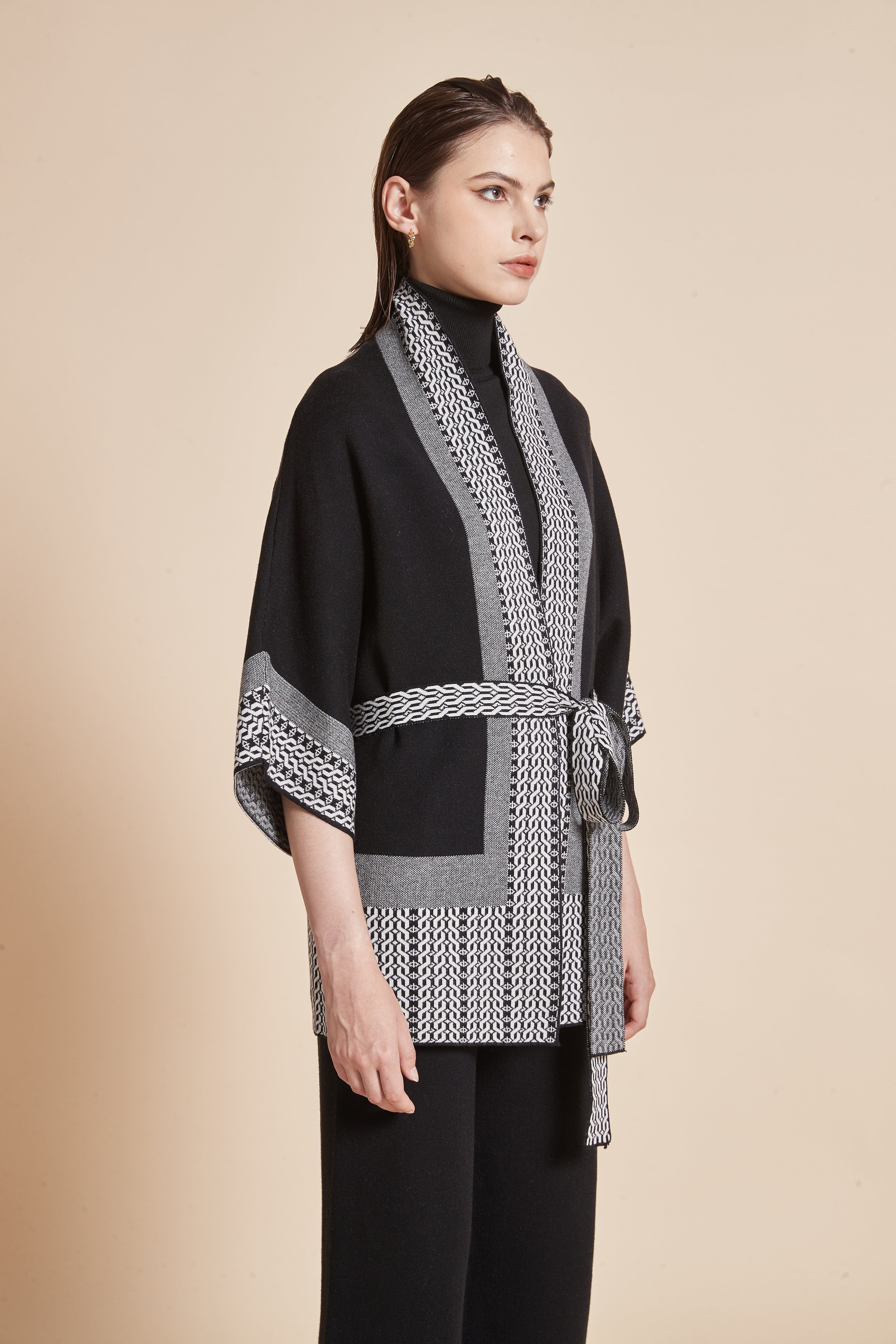 Long Polka-Dot Cardigan With 3/4 Sleeves And A Waist Belt