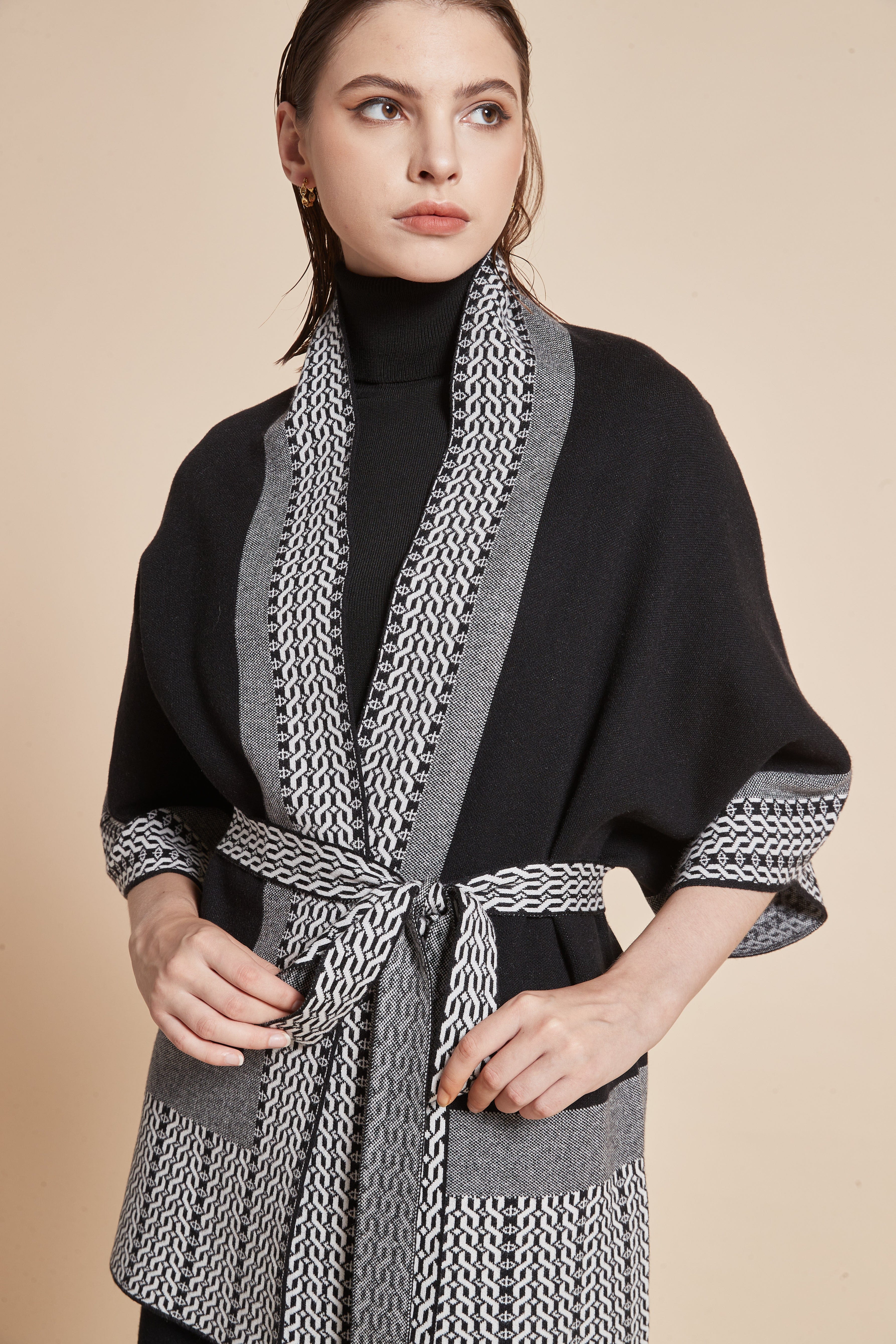 Long Polka-Dot Cardigan With 3/4 Sleeves And A Waist Belt
