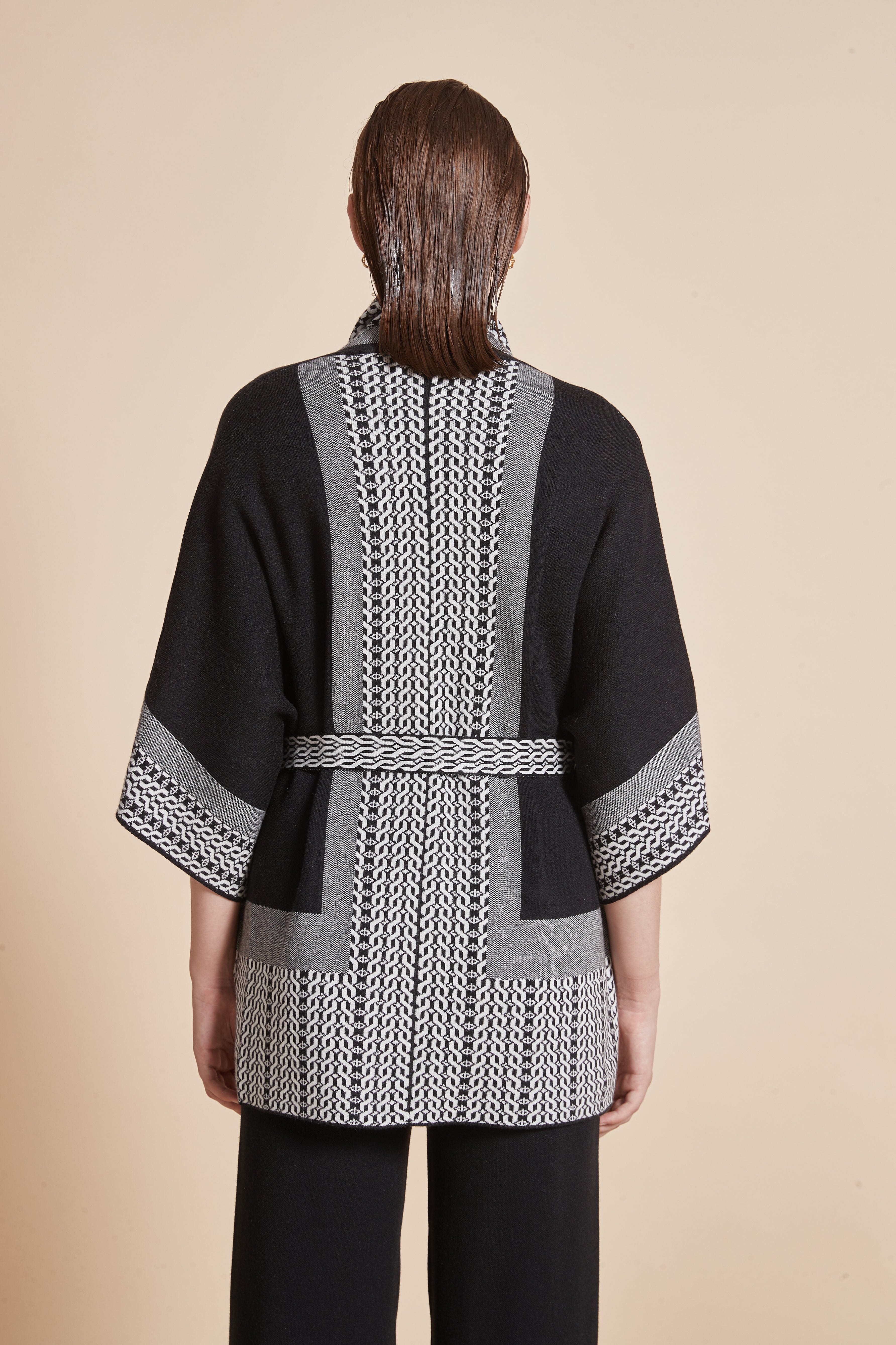 Long Polka-Dot Cardigan With 3/4 Sleeves And A Waist Belt