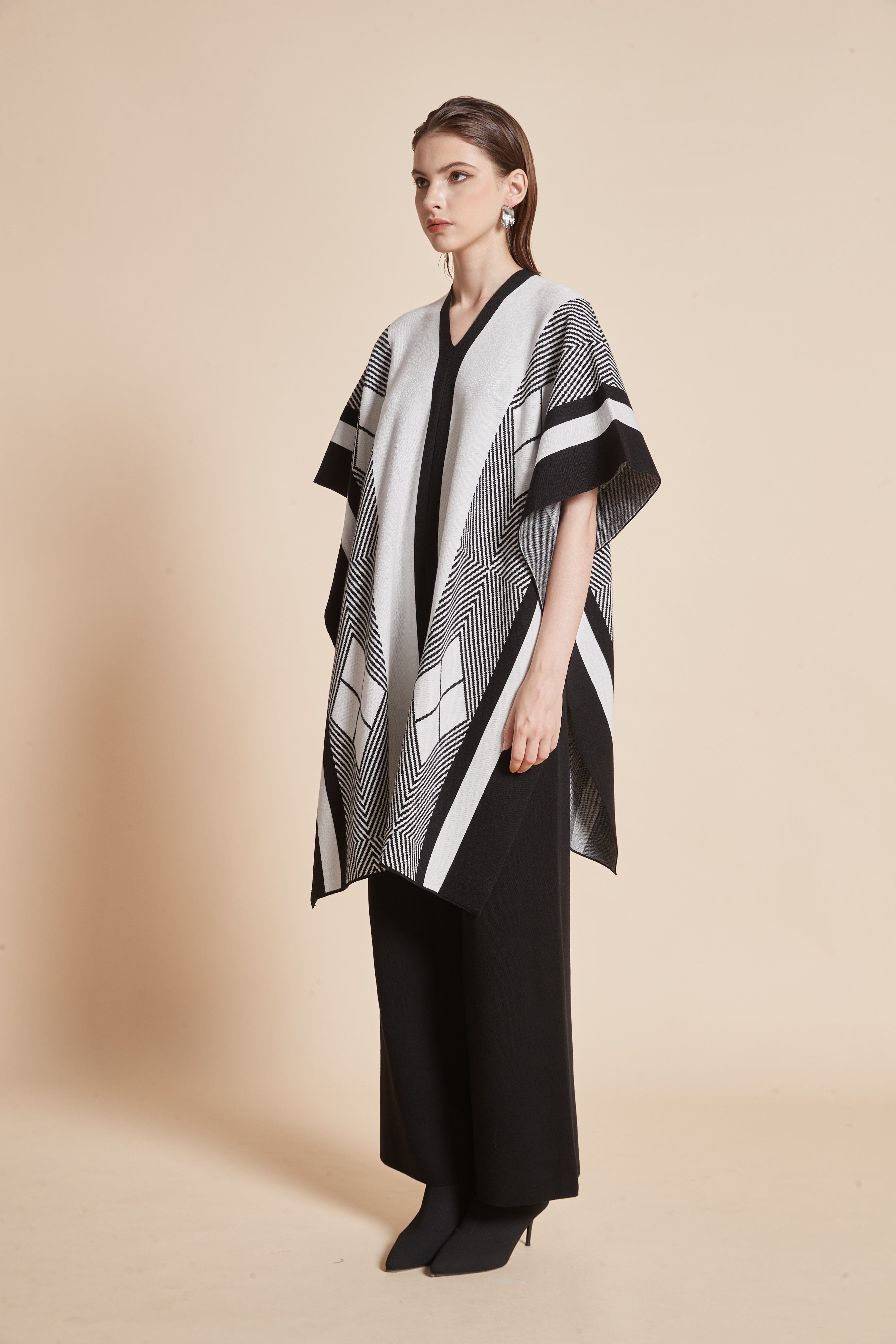Long V-neck blouse with striped and checkered details