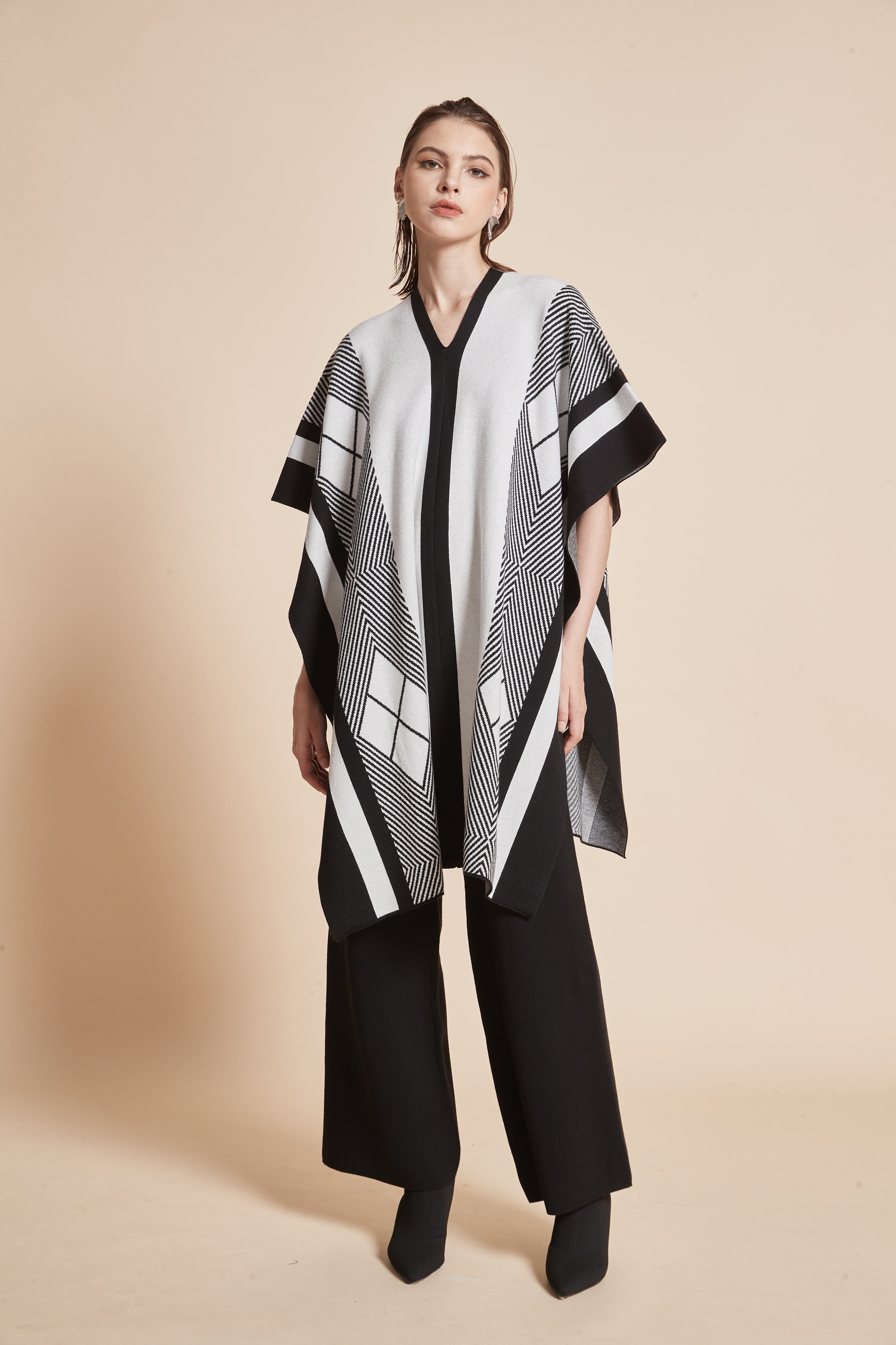 Long V-neck blouse with striped and checkered details