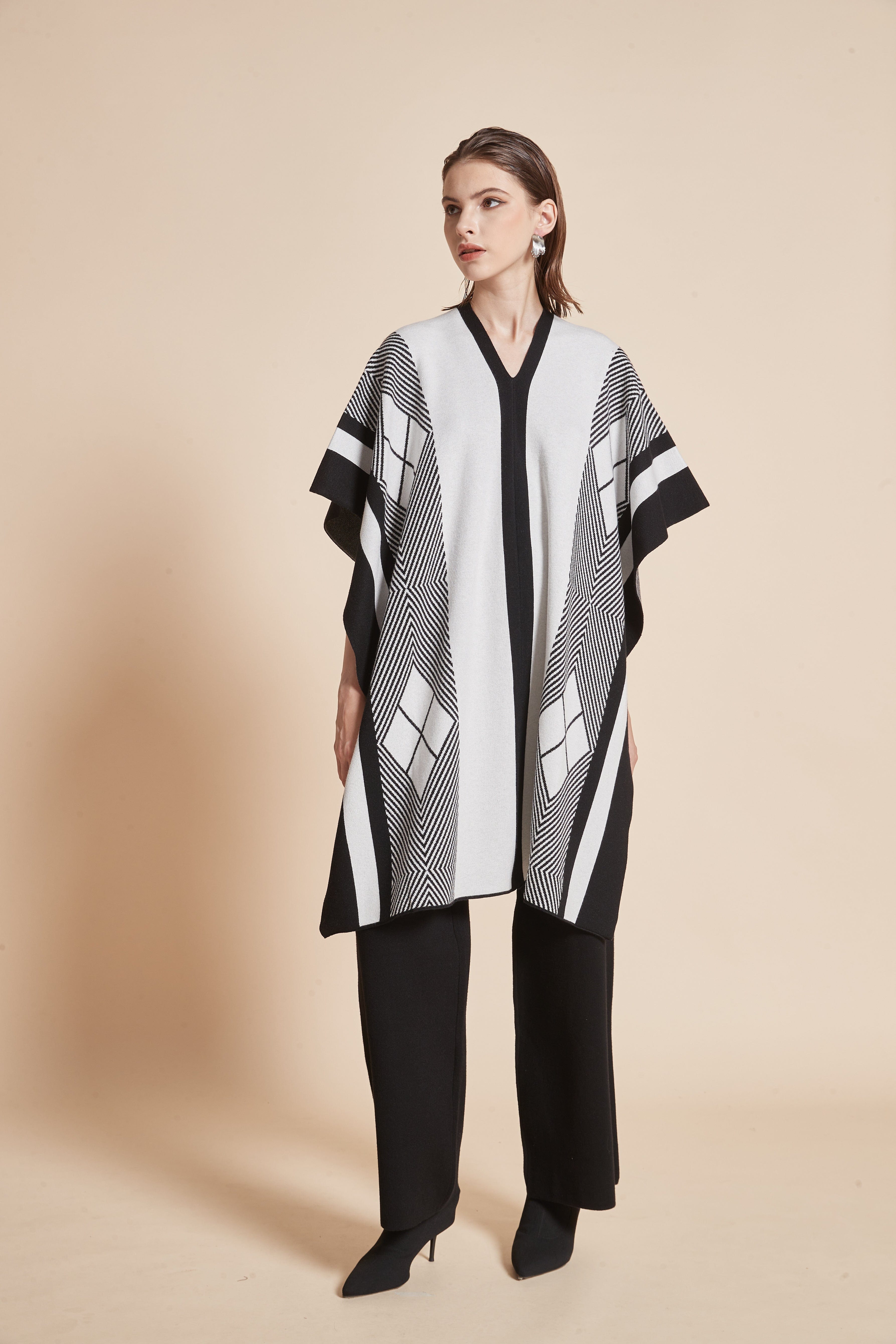 Long V-neck blouse with striped and checkered details