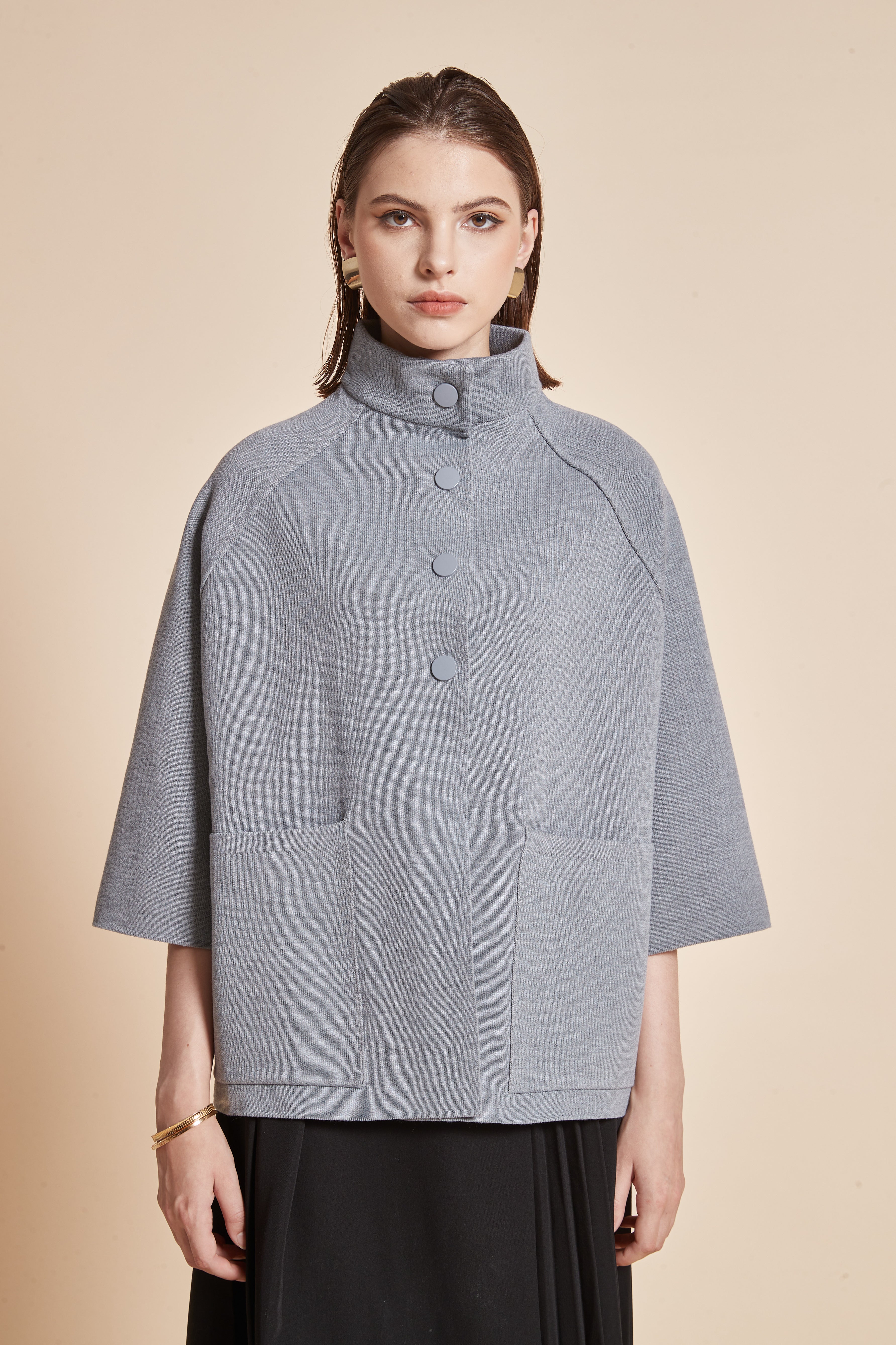 Yola 3/4 Sleeve Jacket with High Neck, Front Buttons, and Pockets