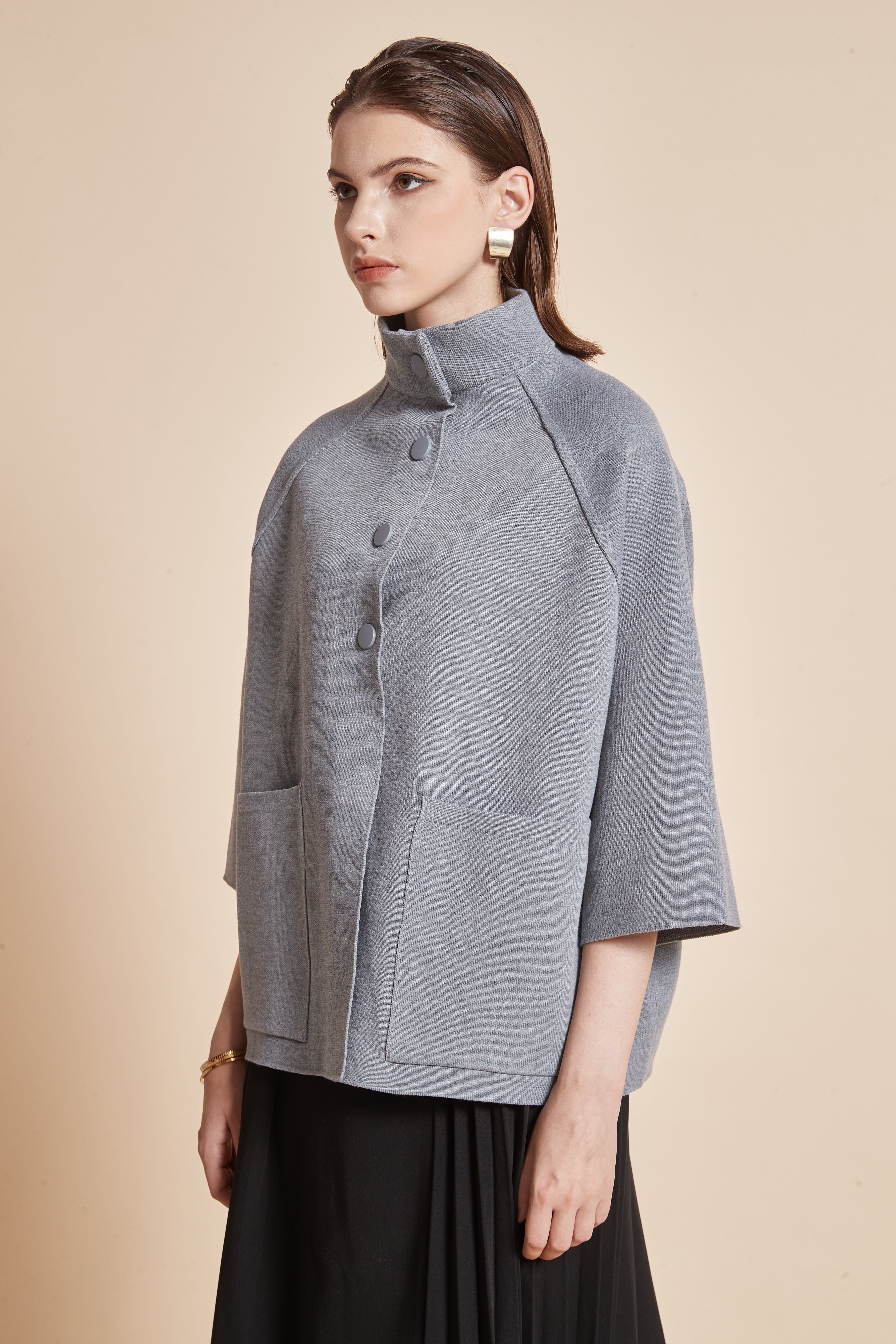 Yola 3/4 Sleeve Jacket with High Neck, Front Buttons, and Pockets