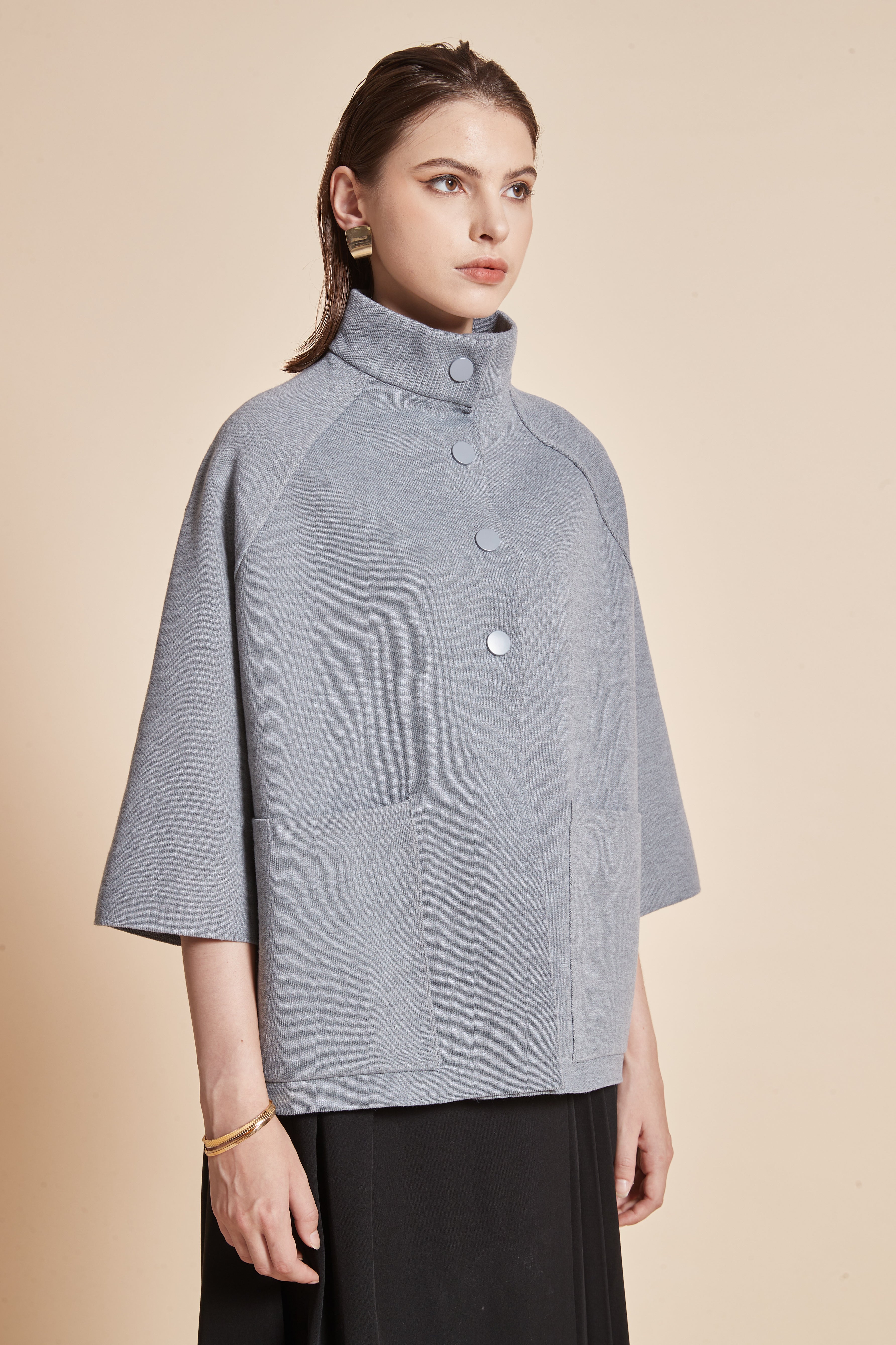 Yola 3/4 Sleeve Jacket with High Neck, Front Buttons, and Pockets