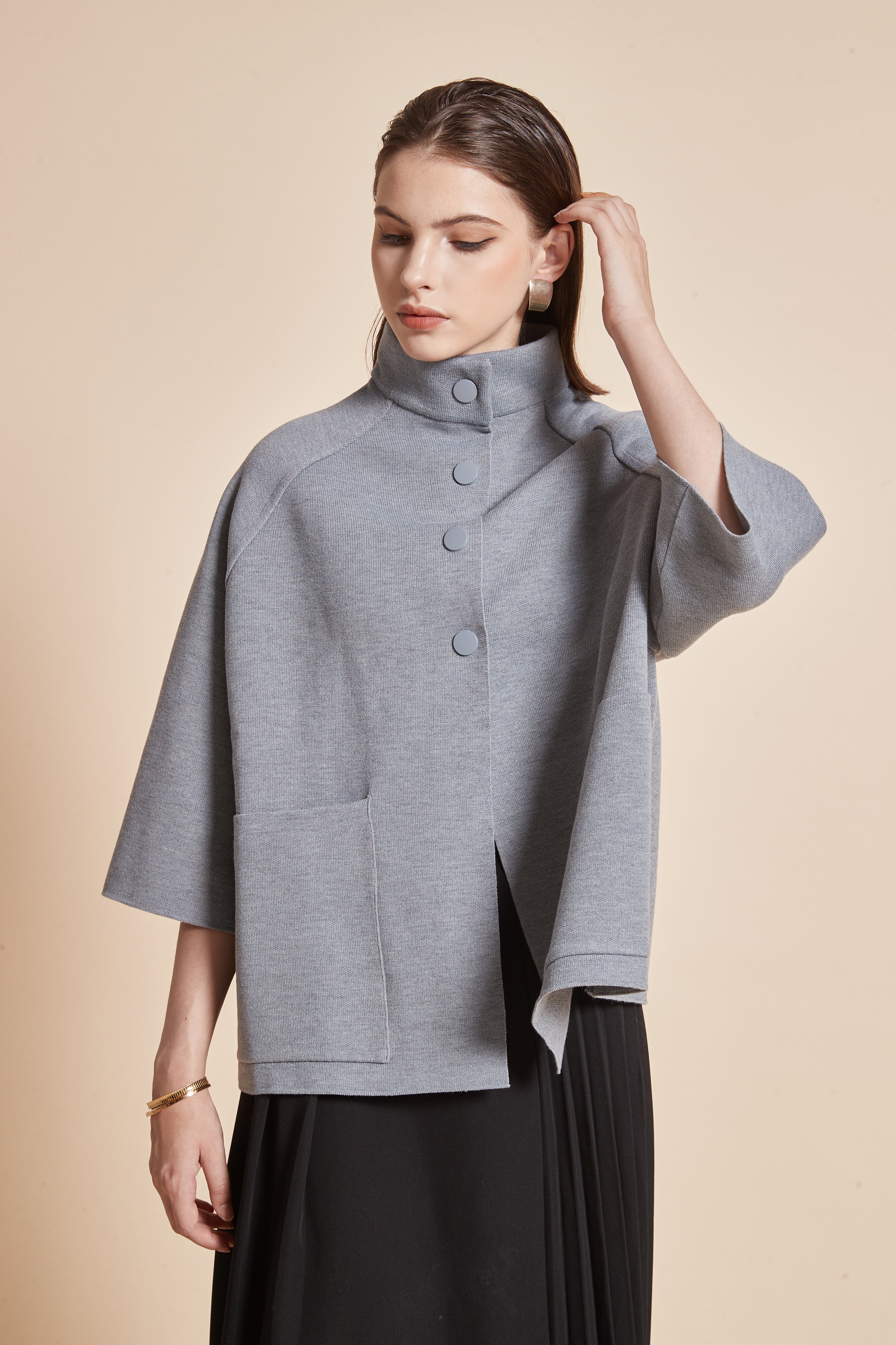 Yola 3/4 Sleeve Jacket with High Neck, Front Buttons, and Pockets