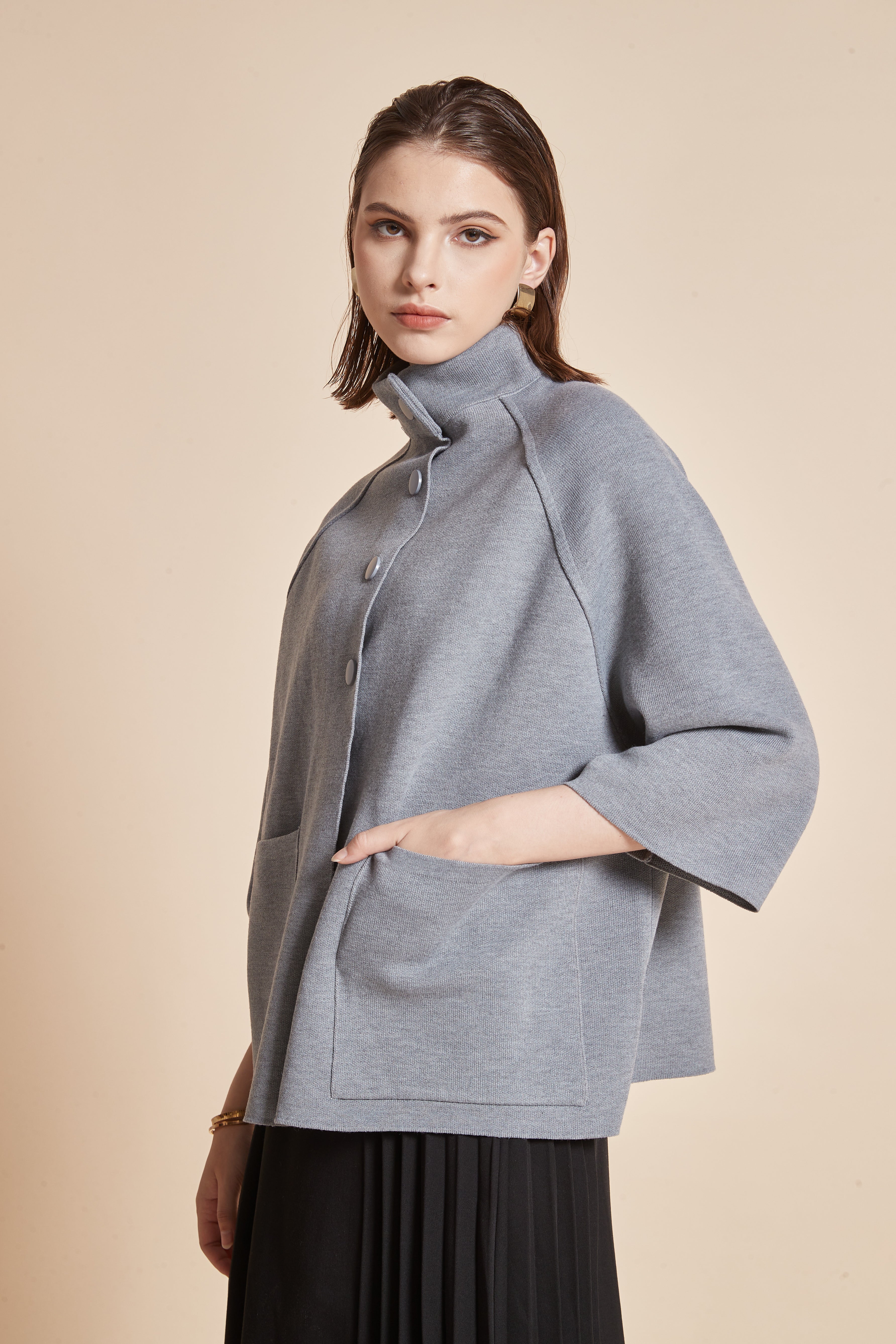 Yola 3/4 Sleeve Jacket with High Neck, Front Buttons, and Pockets