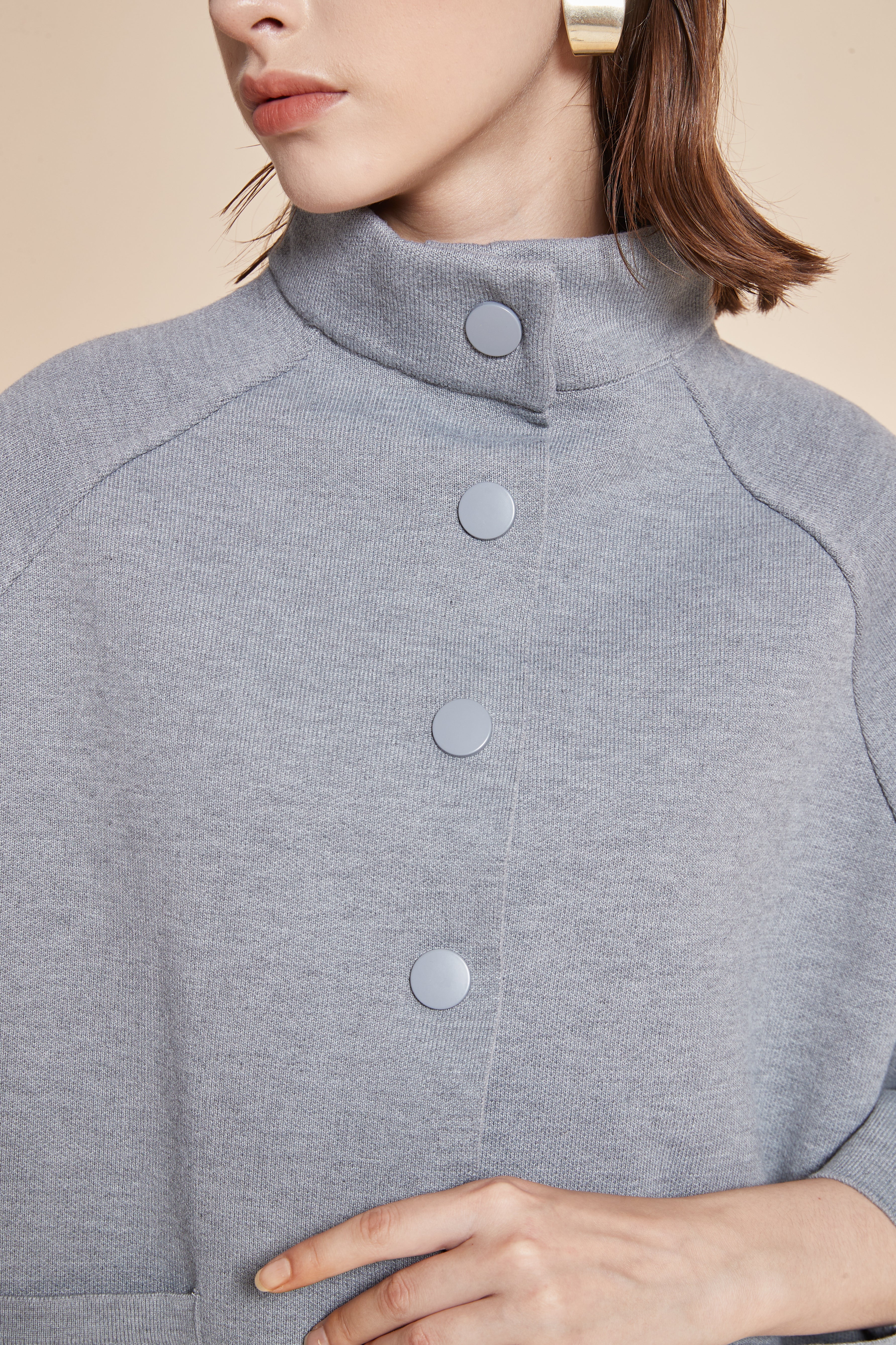 Yola 3/4 Sleeve Jacket with High Neck, Front Buttons, and Pockets