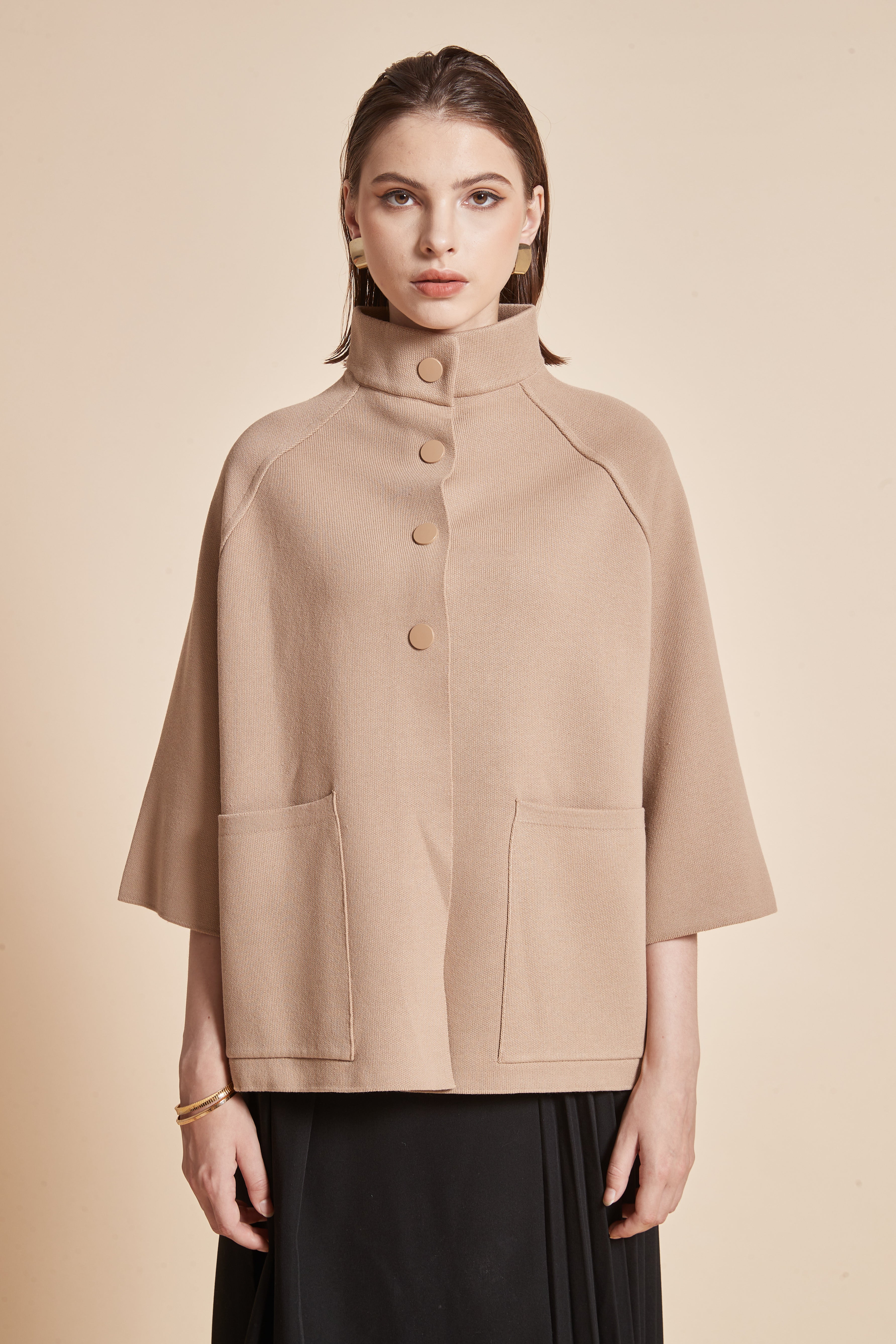 Yola High-Neck Jacket with 3/4 Sleeves and Front Buttons with Pockets