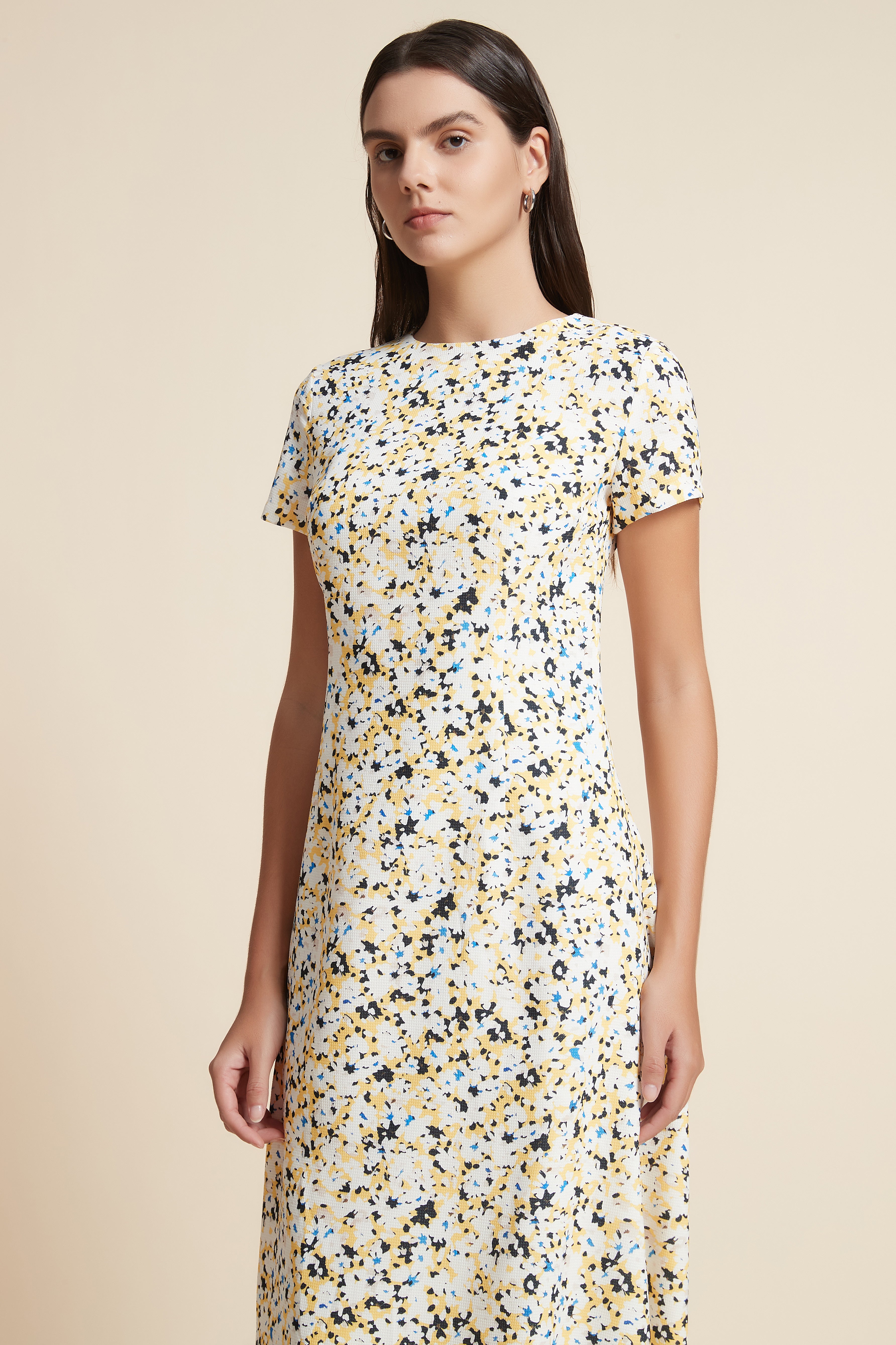Short Sleeve Printed Midi Dress with Round Neck