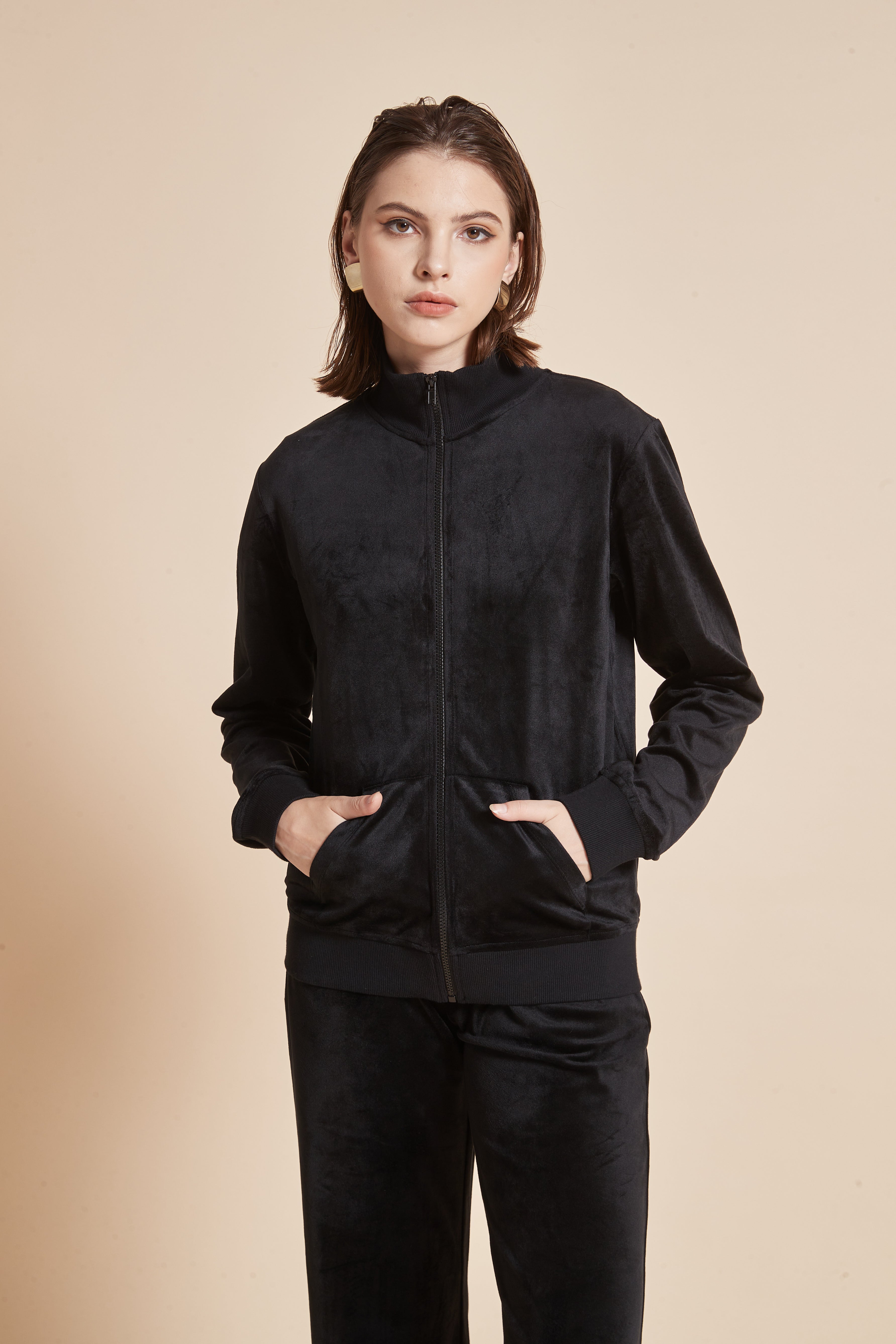 Yola Velvet Jacket with Long Sleeves and Front Zipper with Pockets