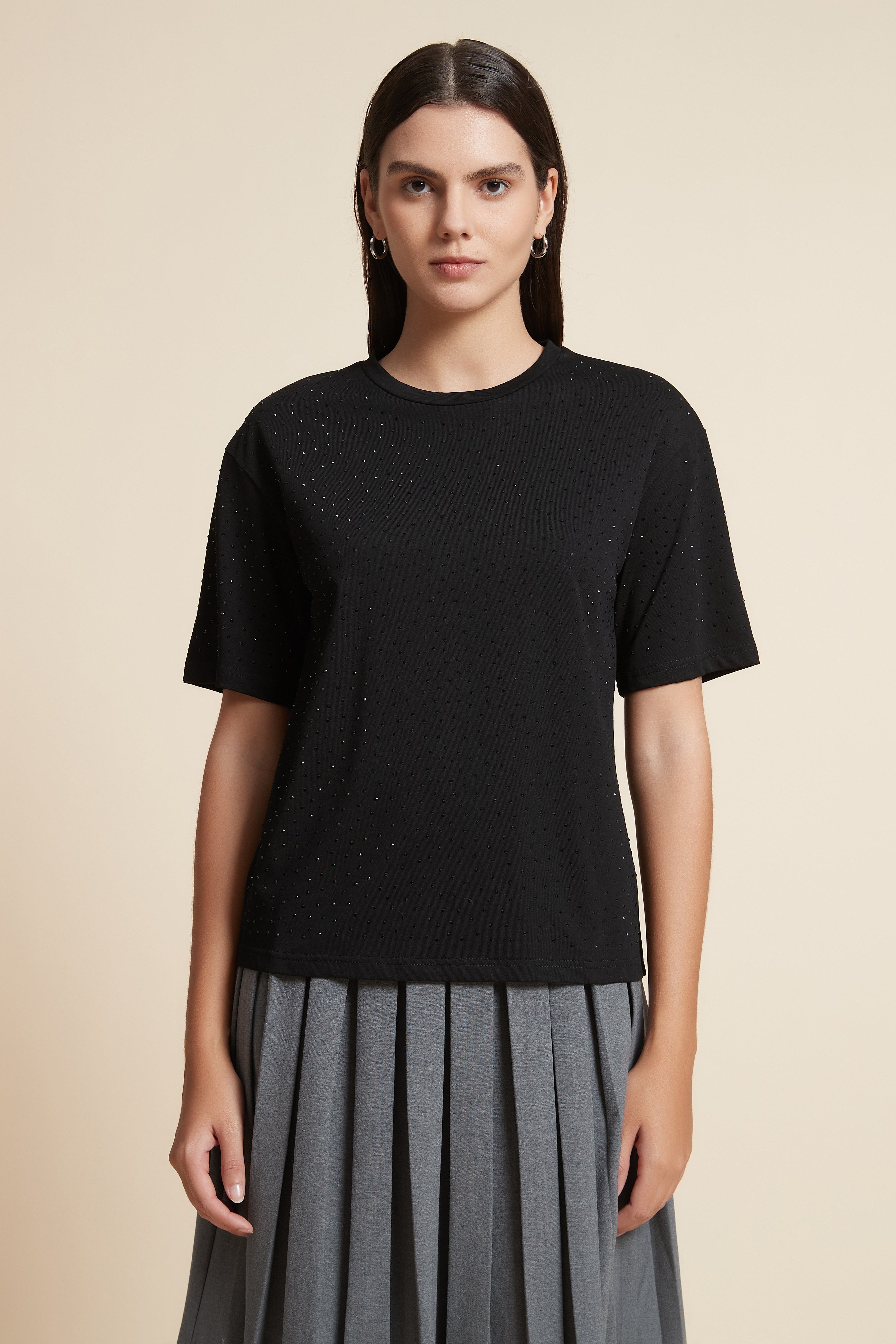 Shiny Half Sleeve Top with Round Neck