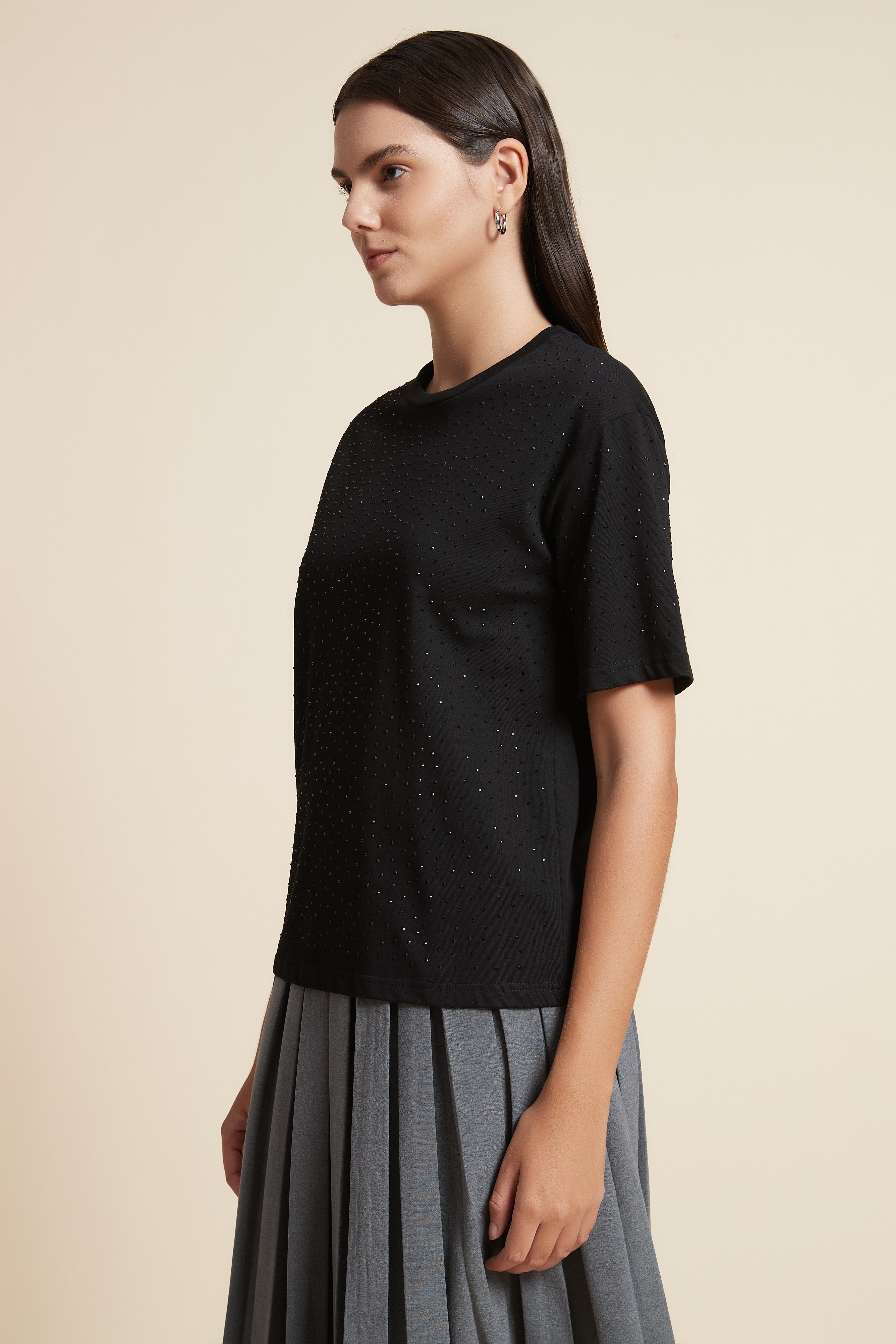 Shiny Half Sleeve Top with Round Neck