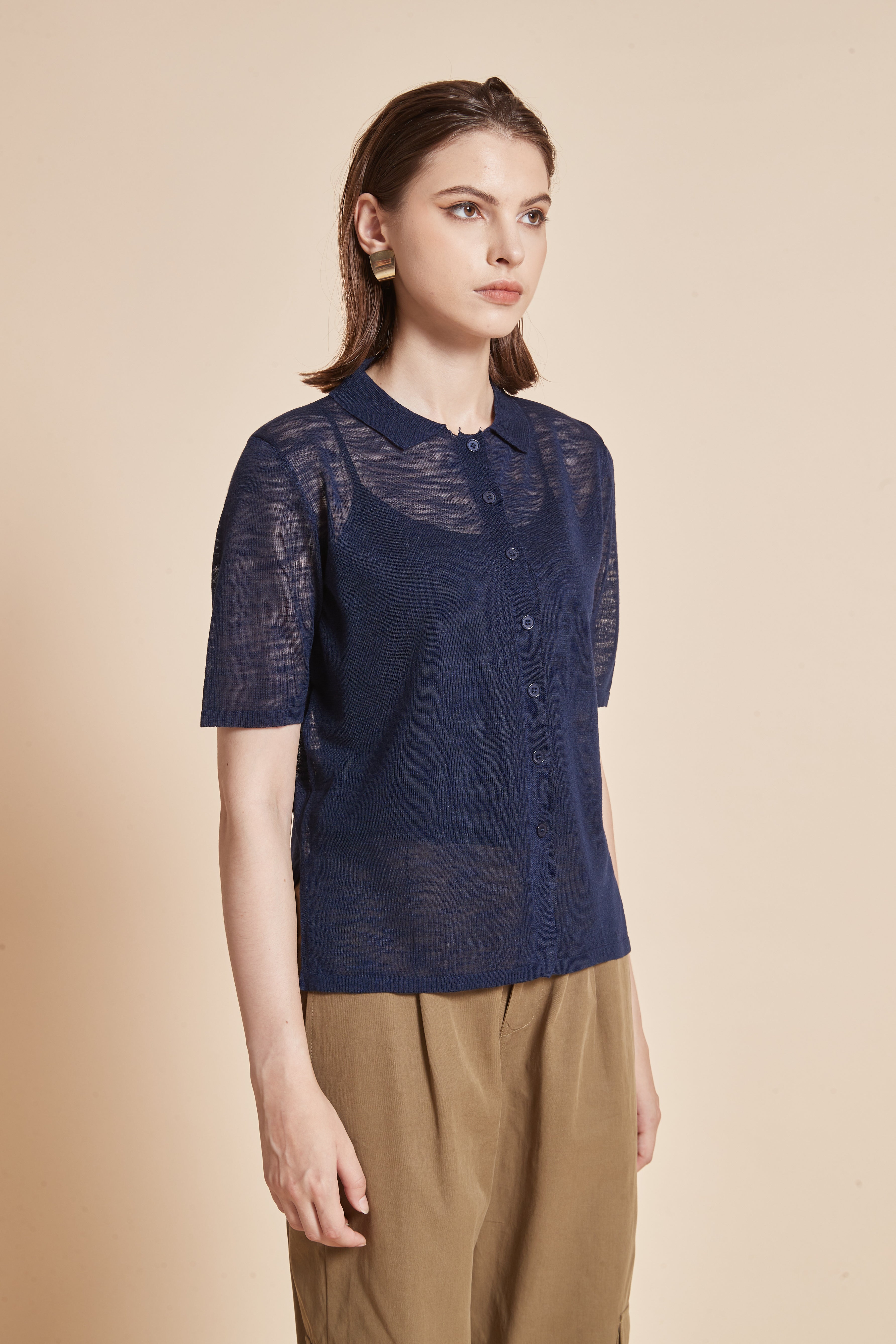 Yola Sheer Half-Sleeve Blouse with Plain Collar