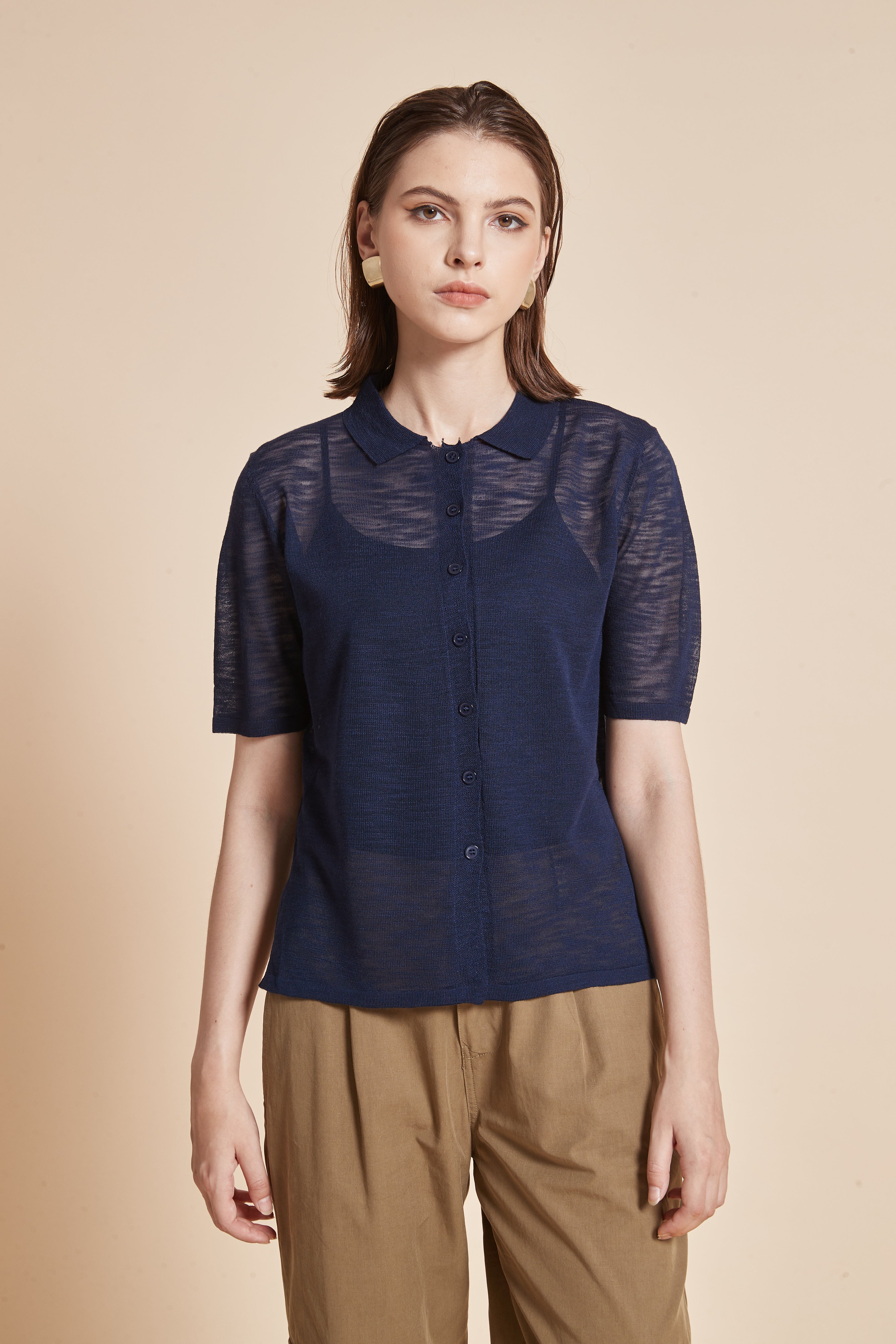 Yola Sheer Half-Sleeve Blouse with Plain Collar