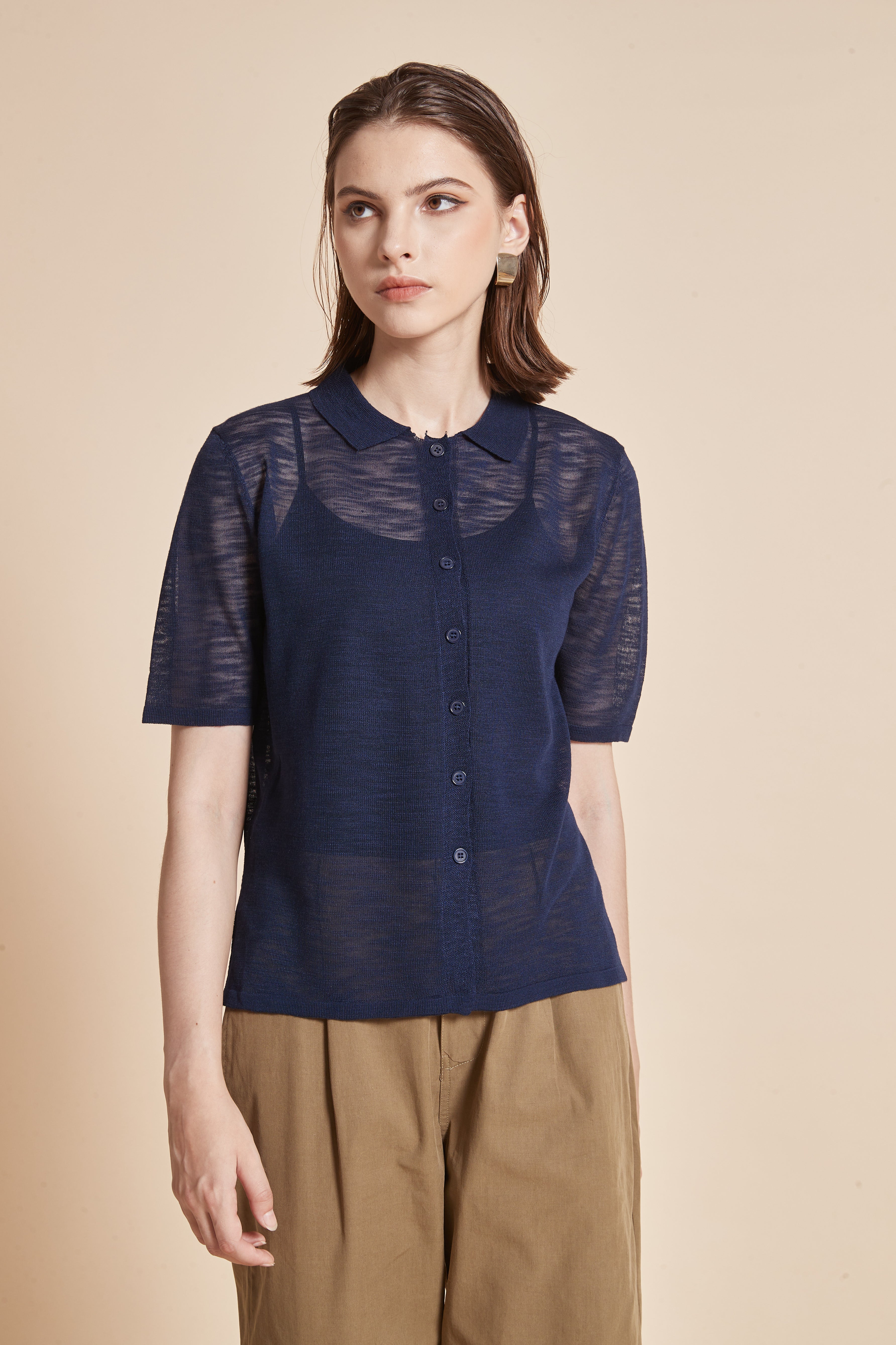 Yola Sheer Half-Sleeve Blouse with Plain Collar