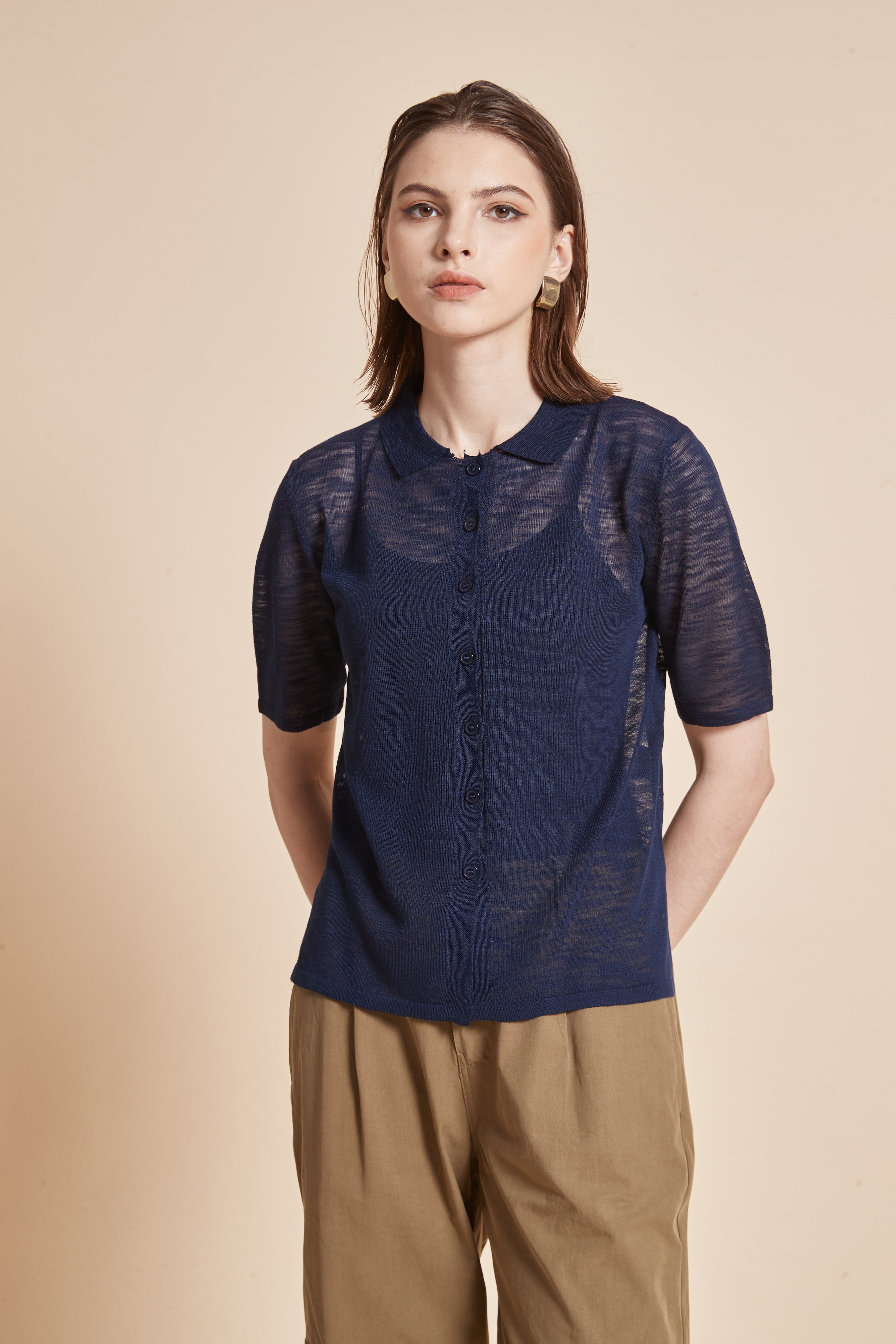 Yola Sheer Half-Sleeve Blouse with Plain Collar