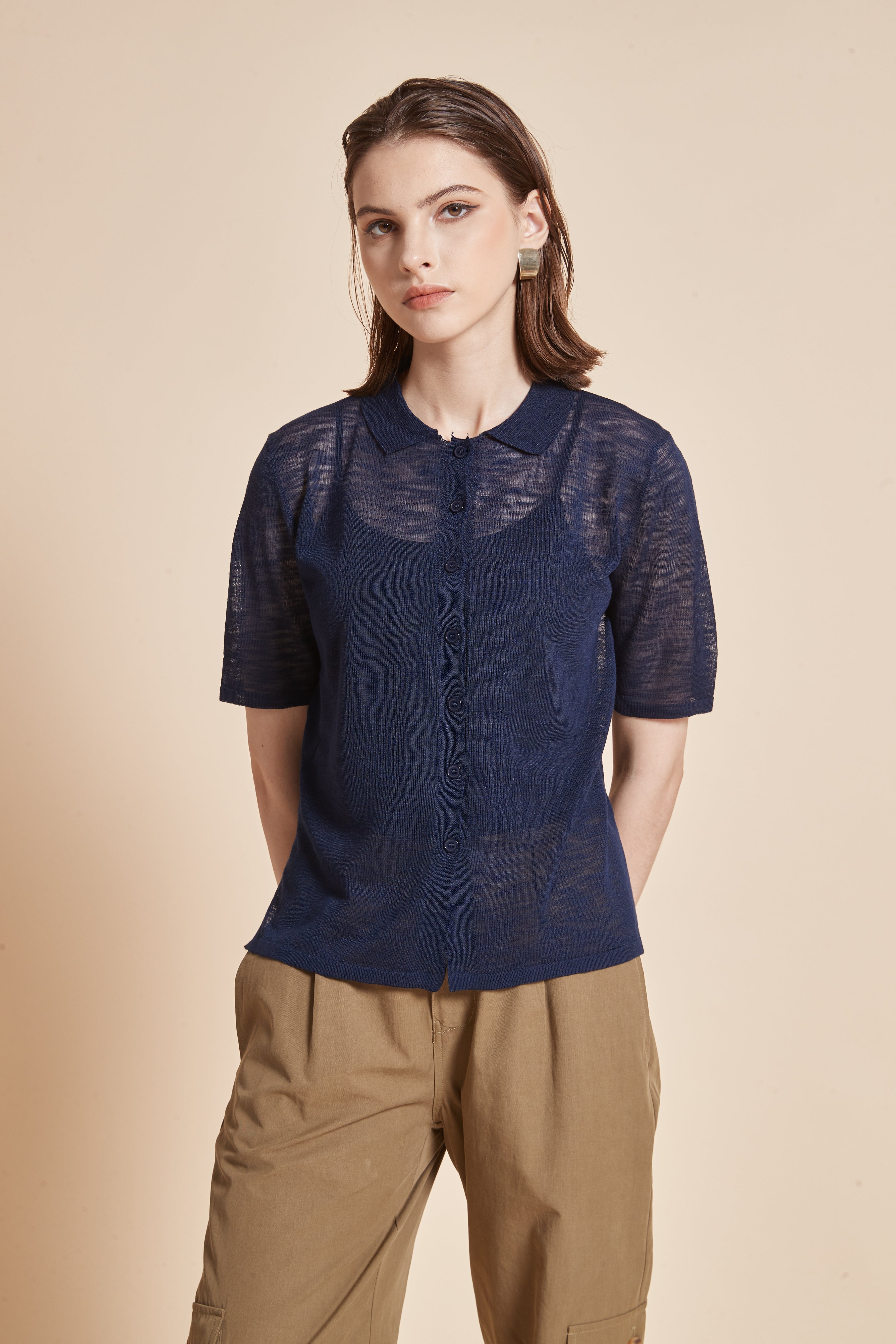 Yola Sheer Half-Sleeve Blouse with Plain Collar