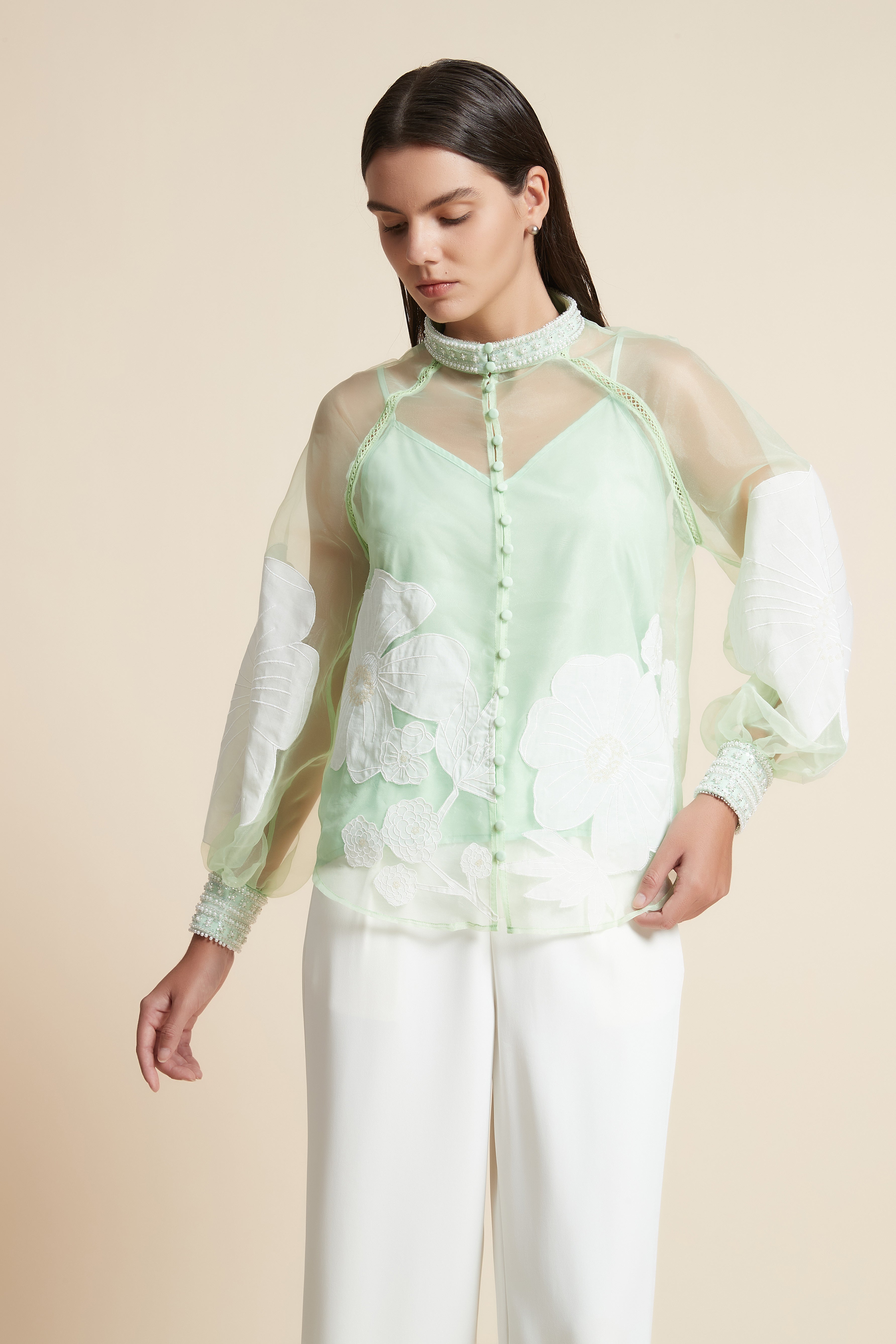 Long Sleeve Floral Print Blouse with Round Neck