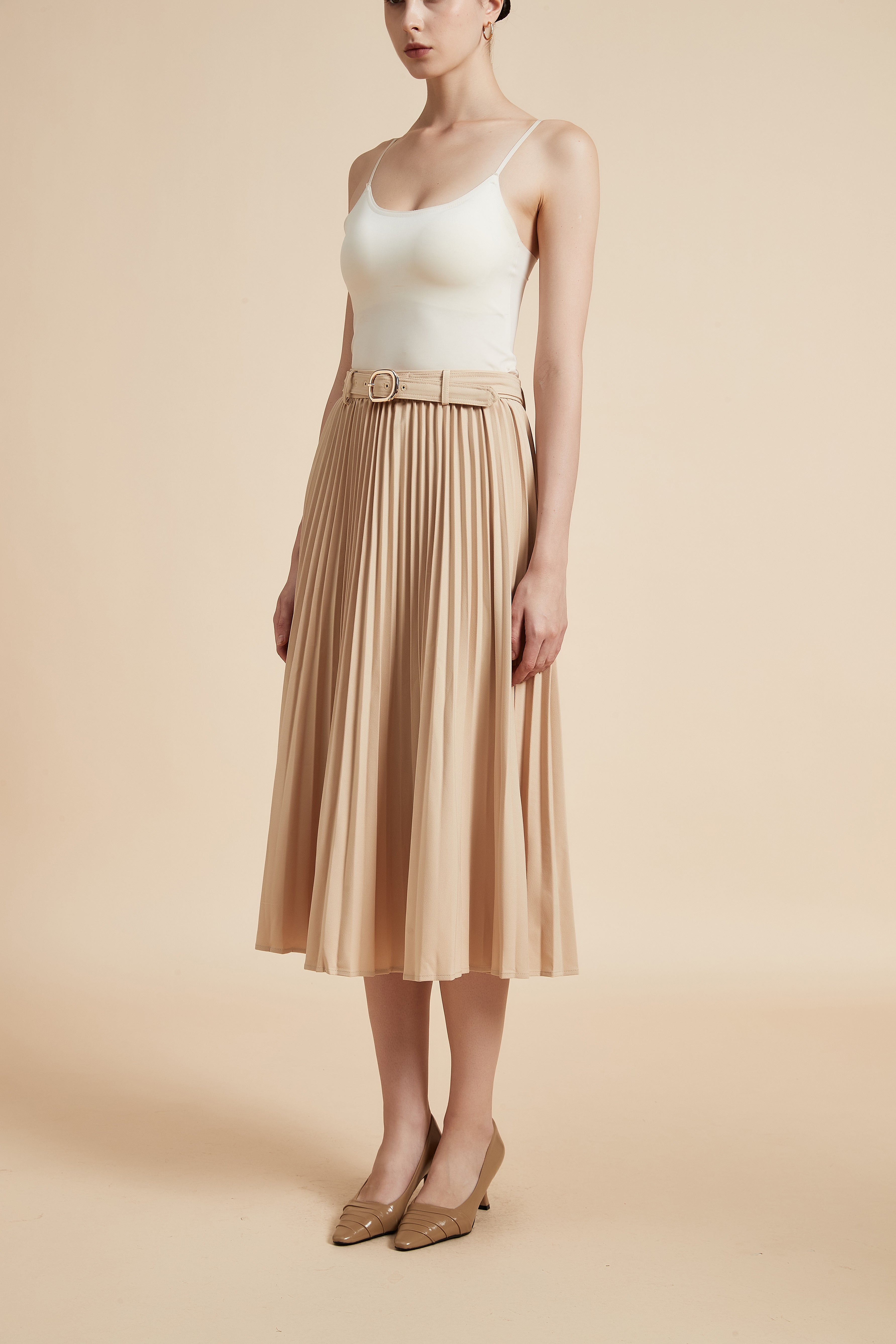 Solid Pleated Midi Skirt