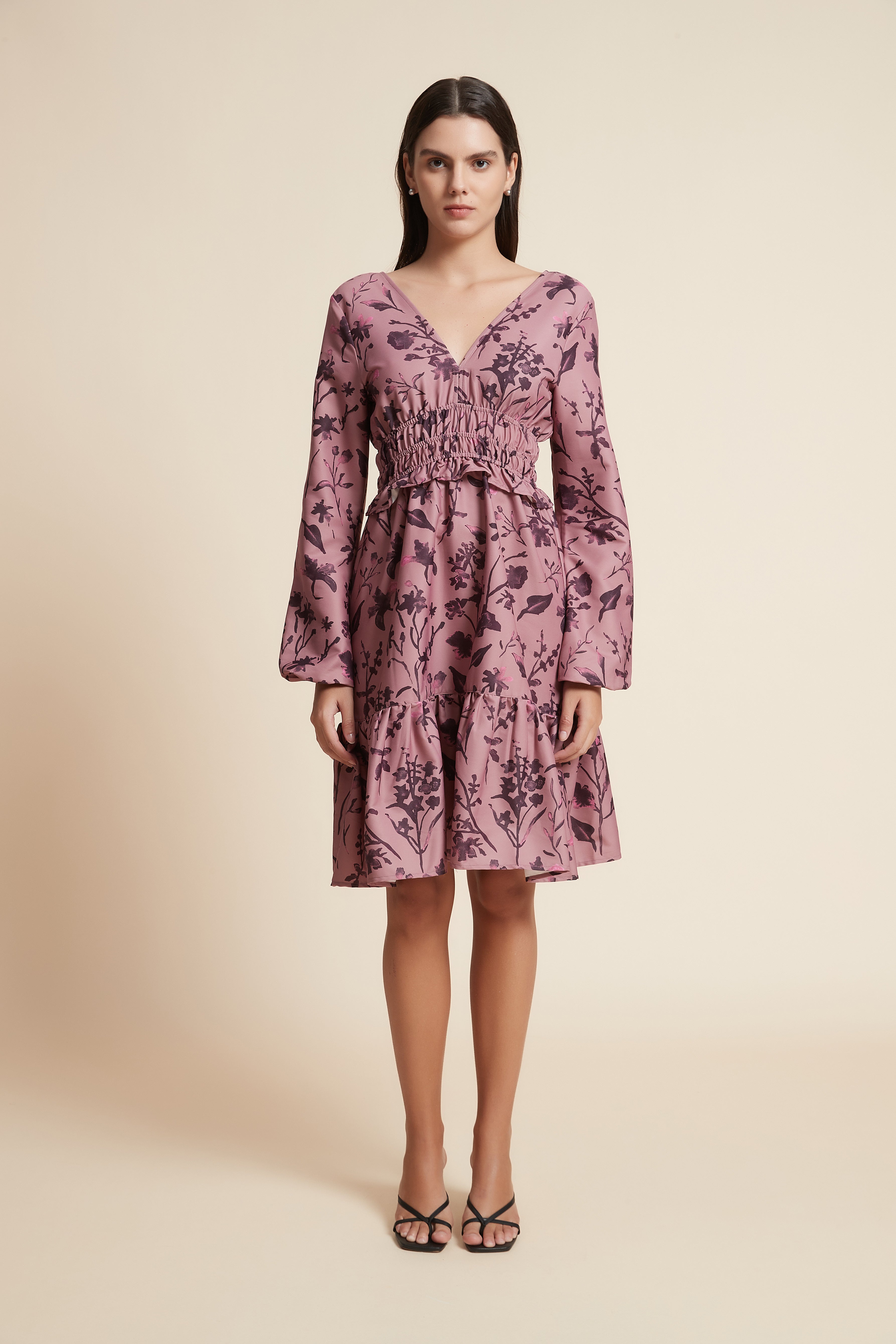 Short Ruffled Dress with Long Sleeves and V-Neck
