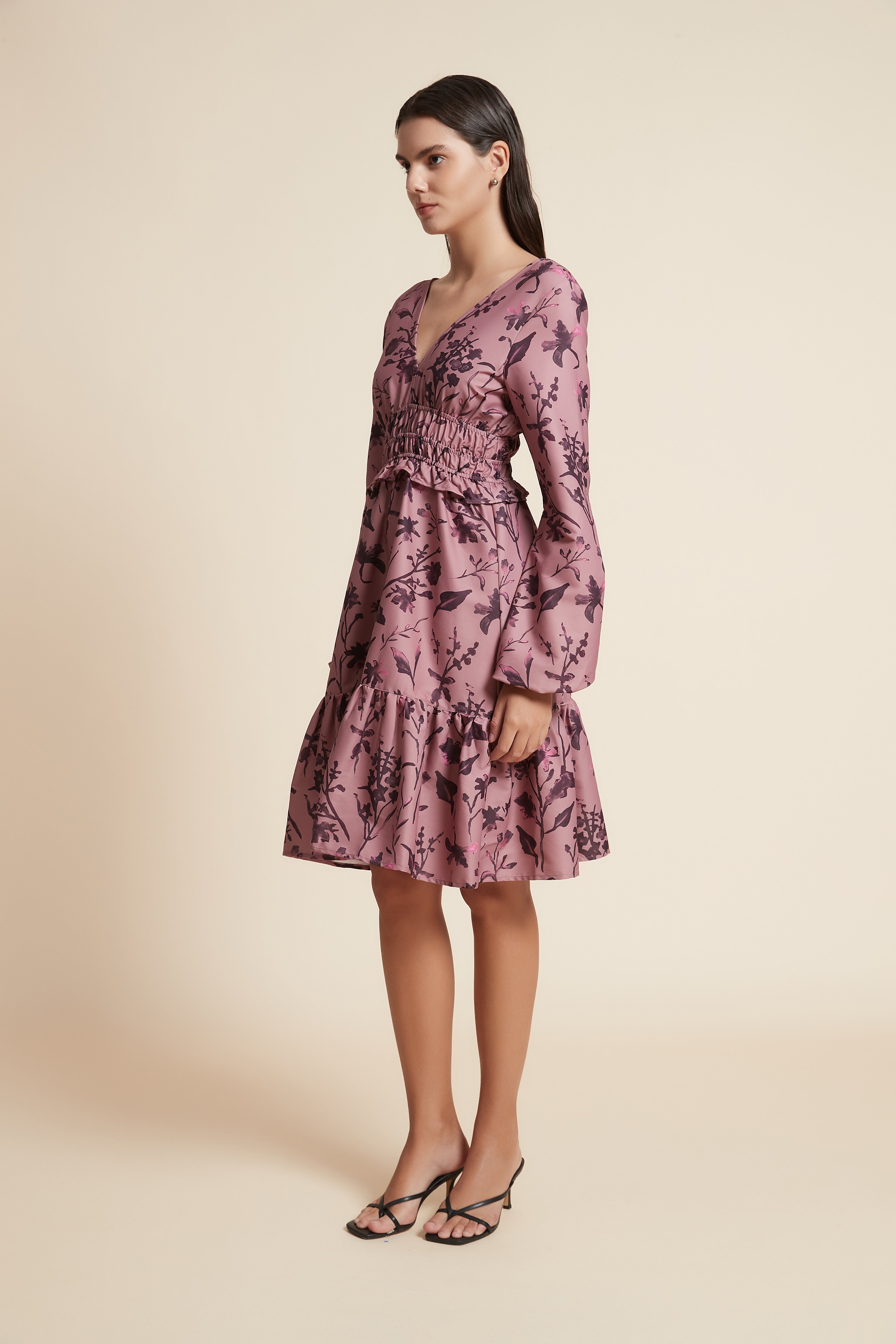 Short Ruffled Dress with Long Sleeves and V-Neck