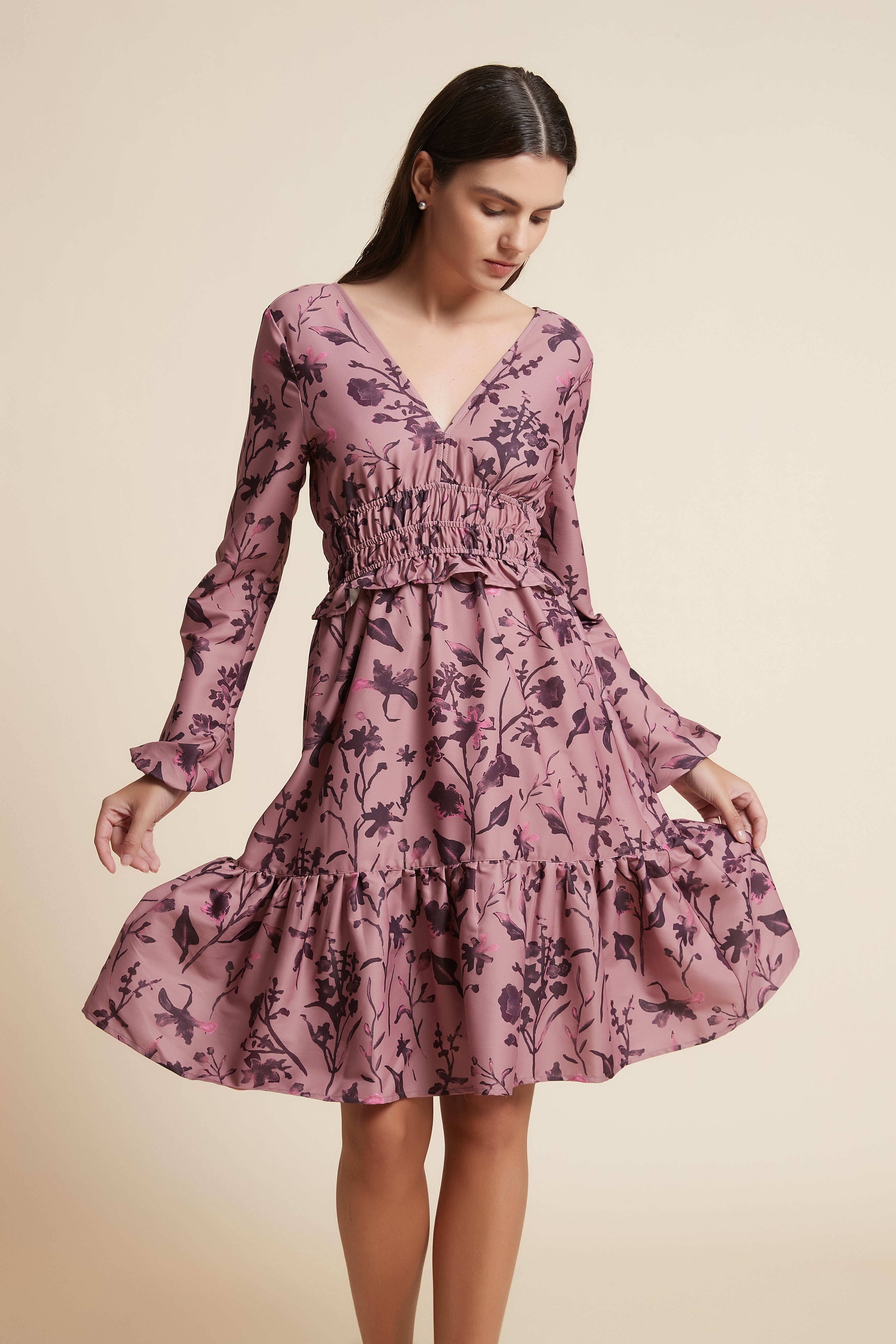 Short Ruffled Dress with Long Sleeves and V-Neck