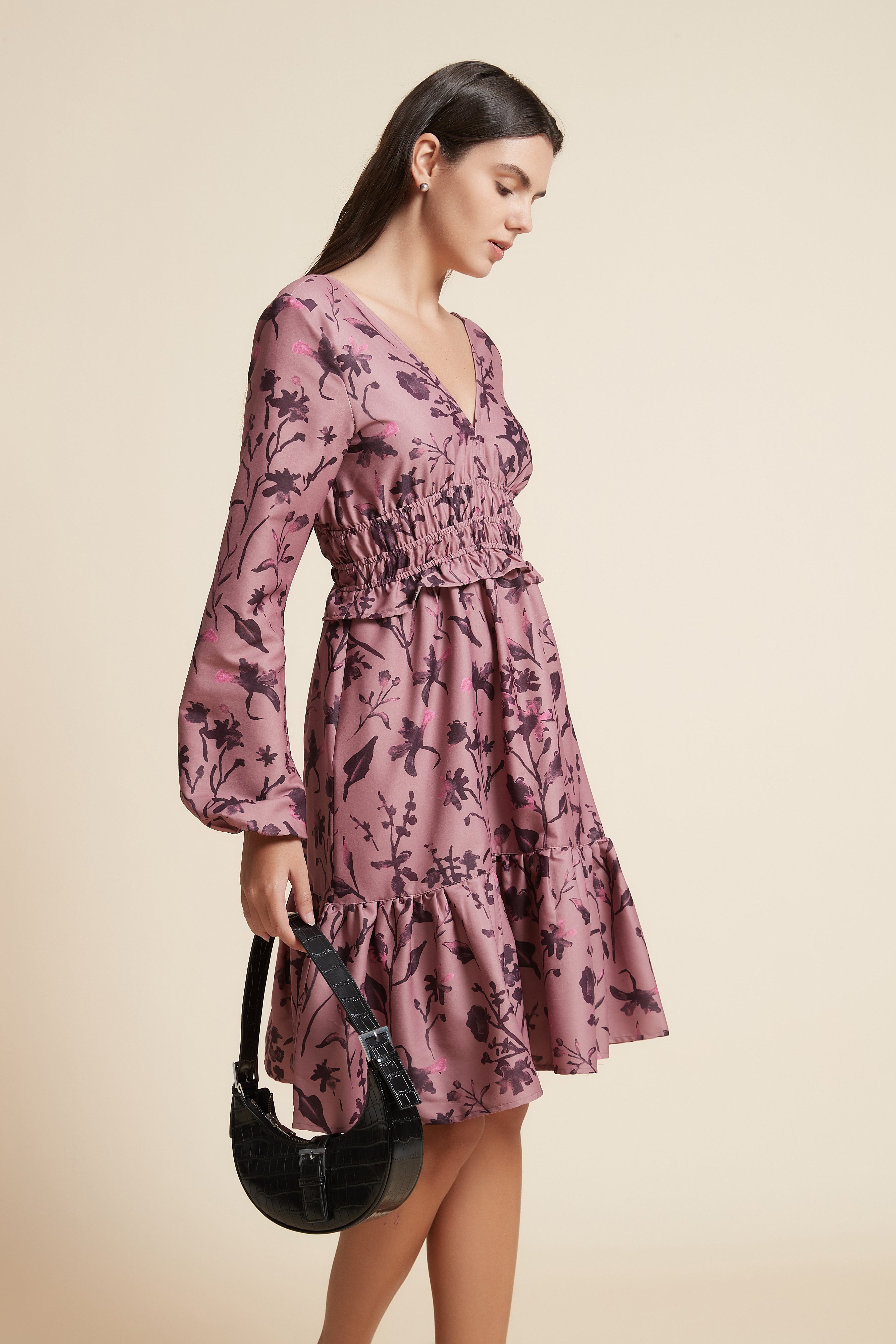 Short Ruffled Dress with Long Sleeves and V-Neck