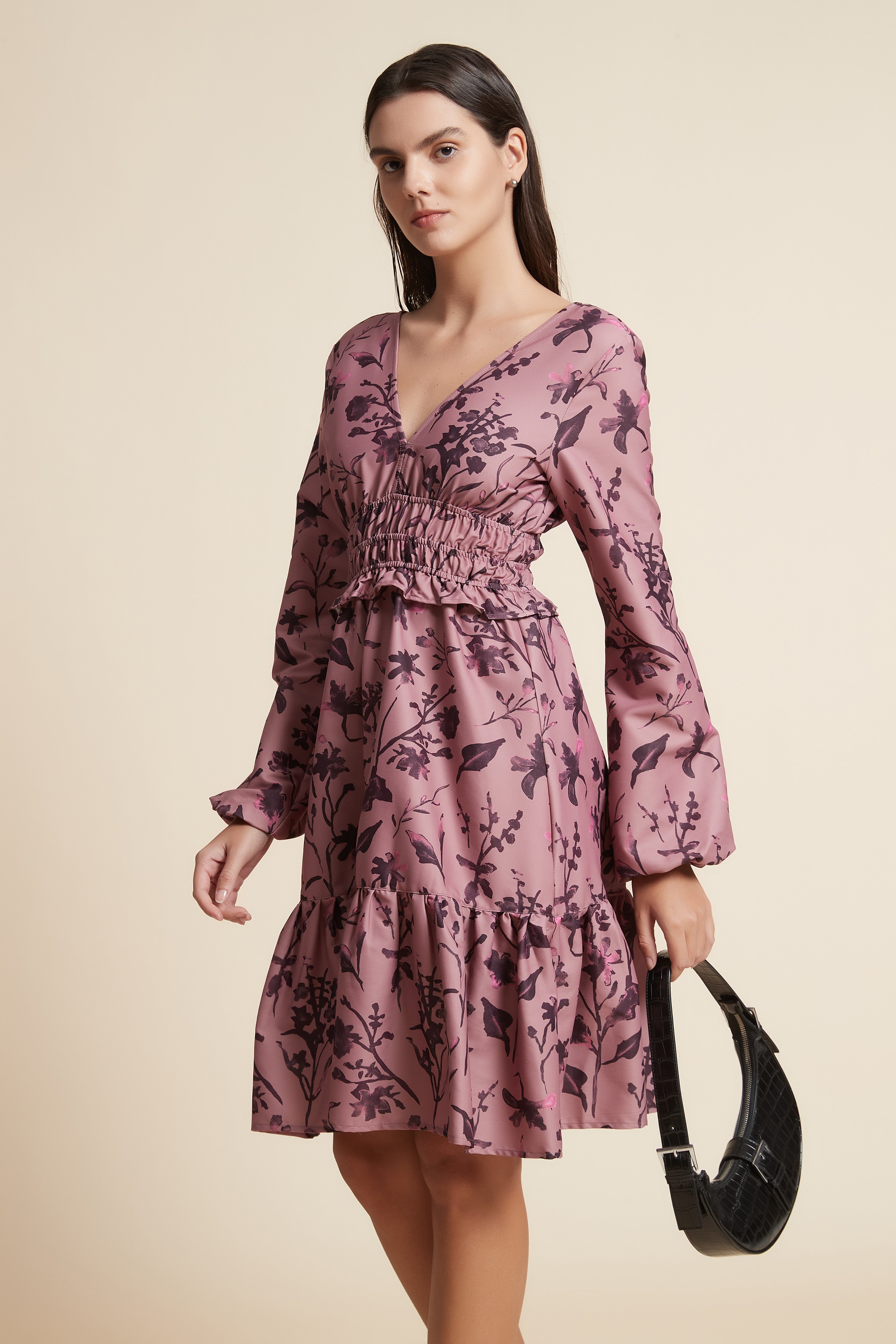Short Ruffled Dress with Long Sleeves and V-Neck