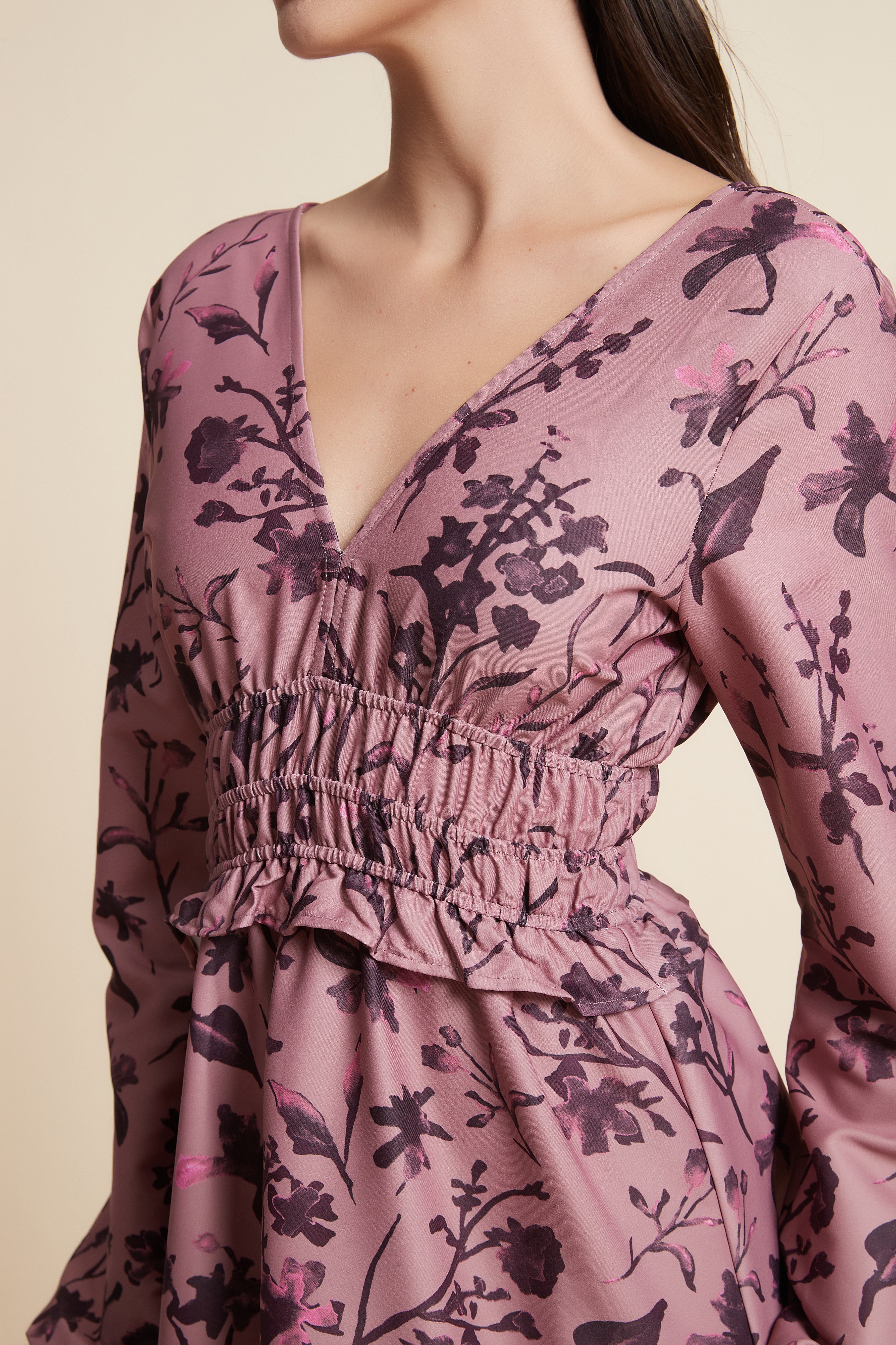 Short Ruffled Dress with Long Sleeves and V-Neck