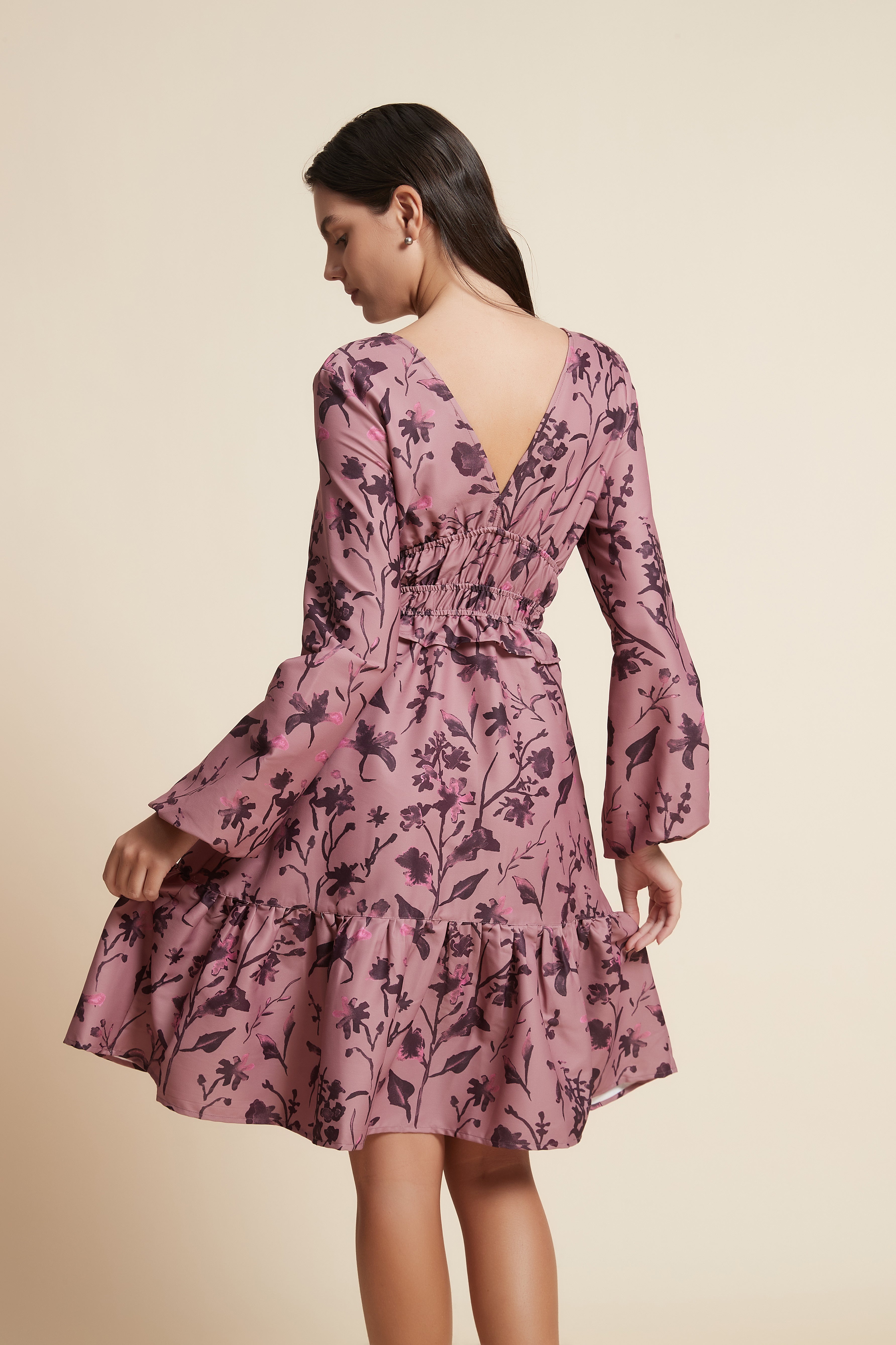 Short Ruffled Dress with Long Sleeves and V-Neck