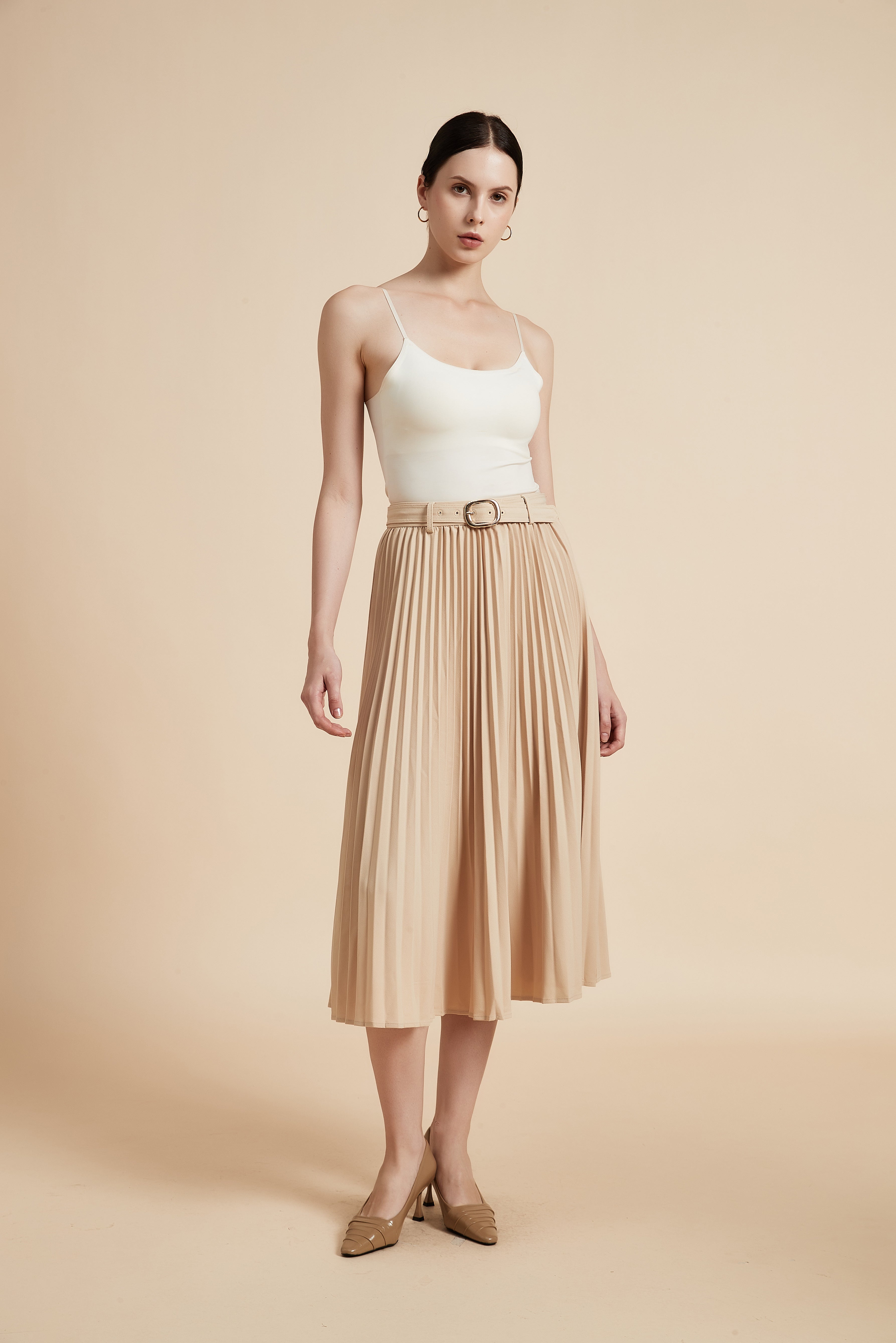 Solid Pleated Midi Skirt