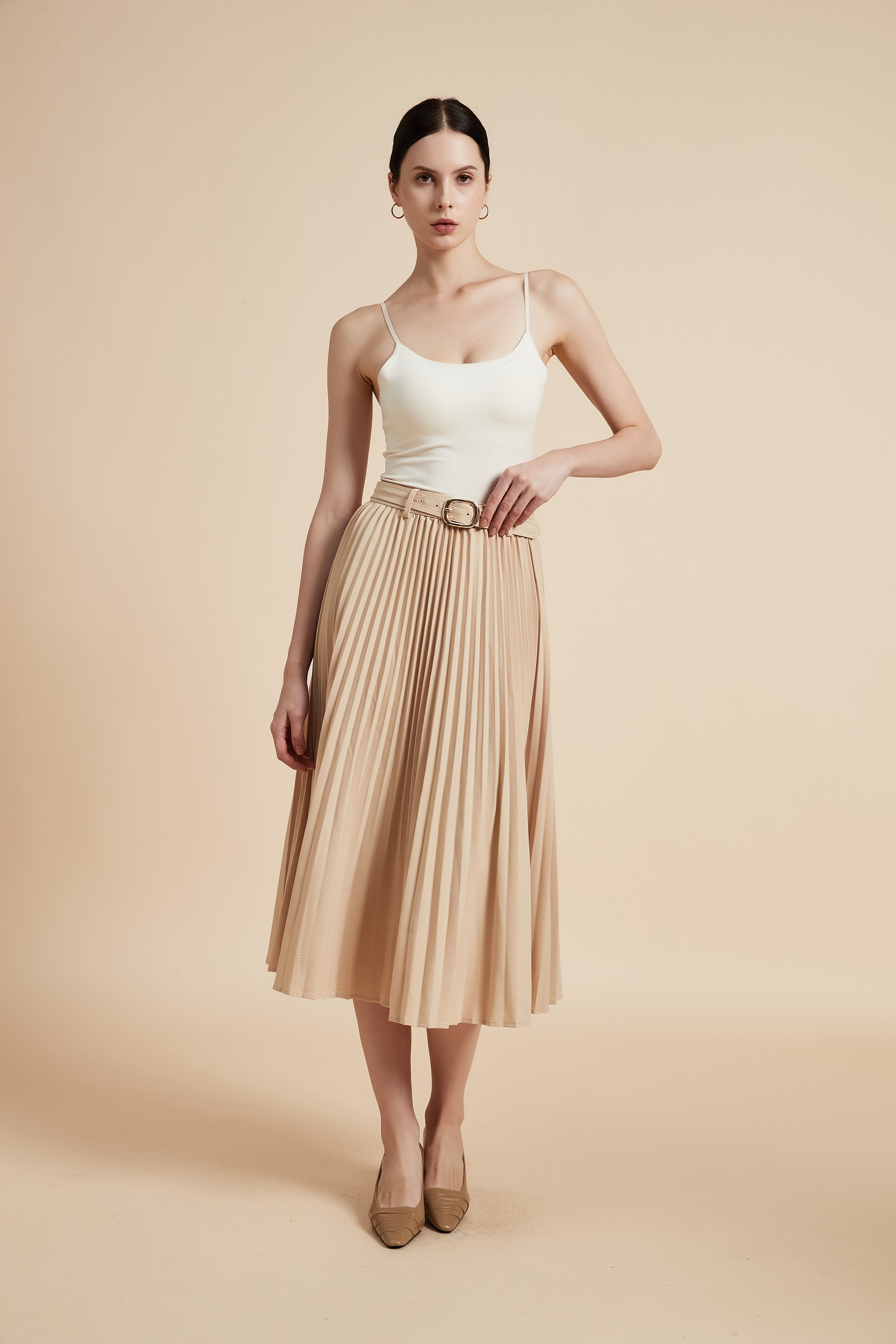 Solid Pleated Midi Skirt