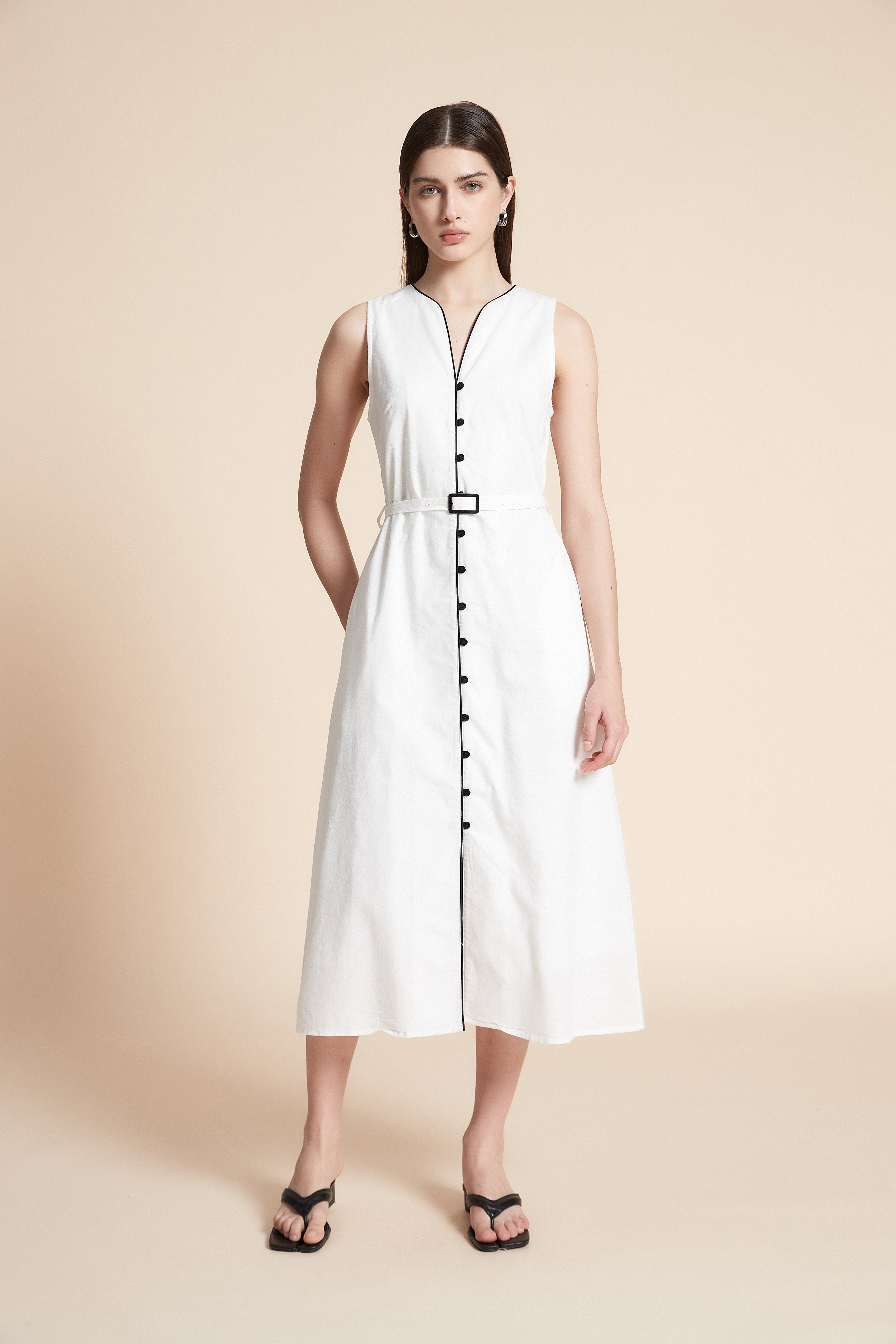 Solid Midi Sleeveless Dress with Belt