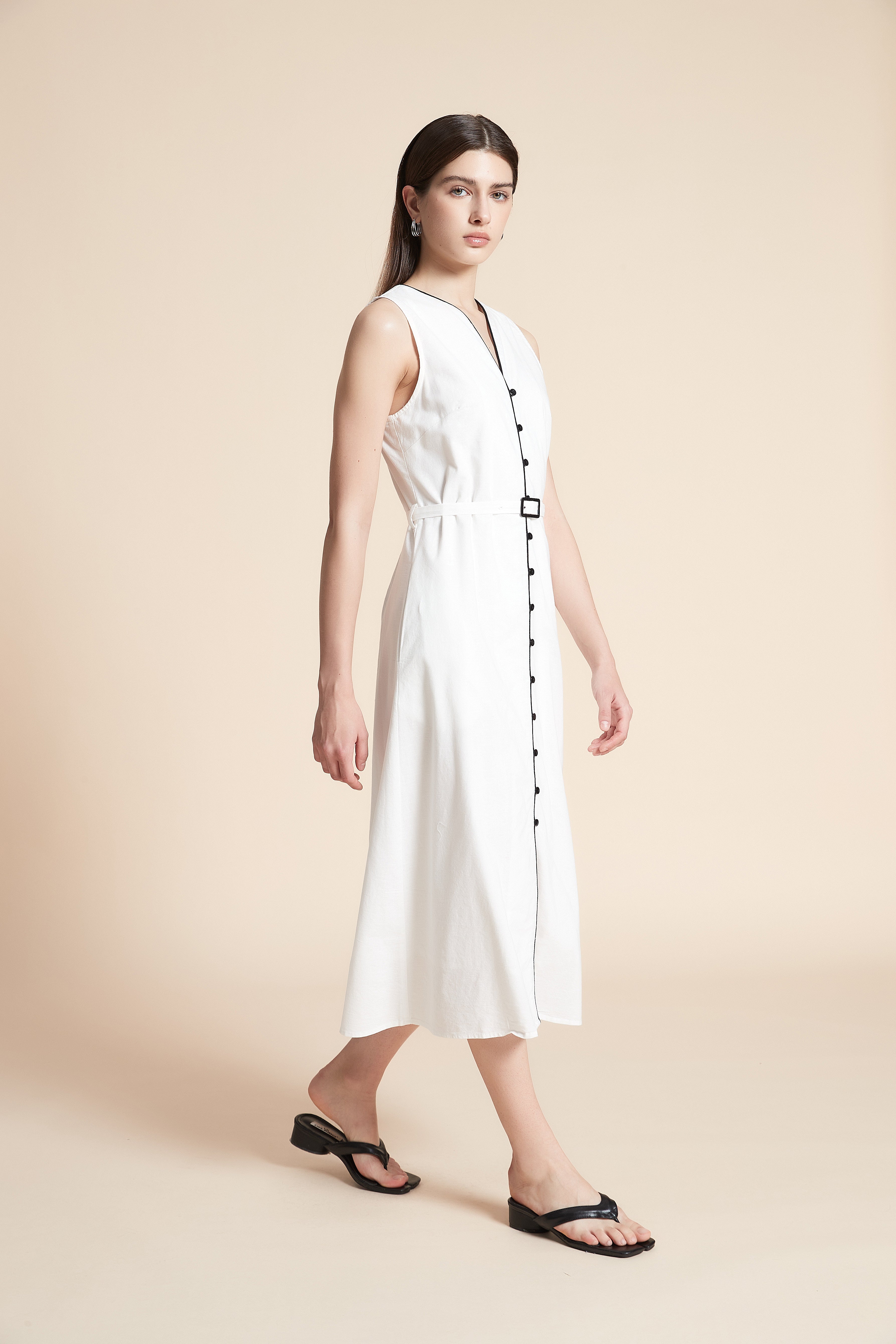 Solid Midi Sleeveless Dress with Belt