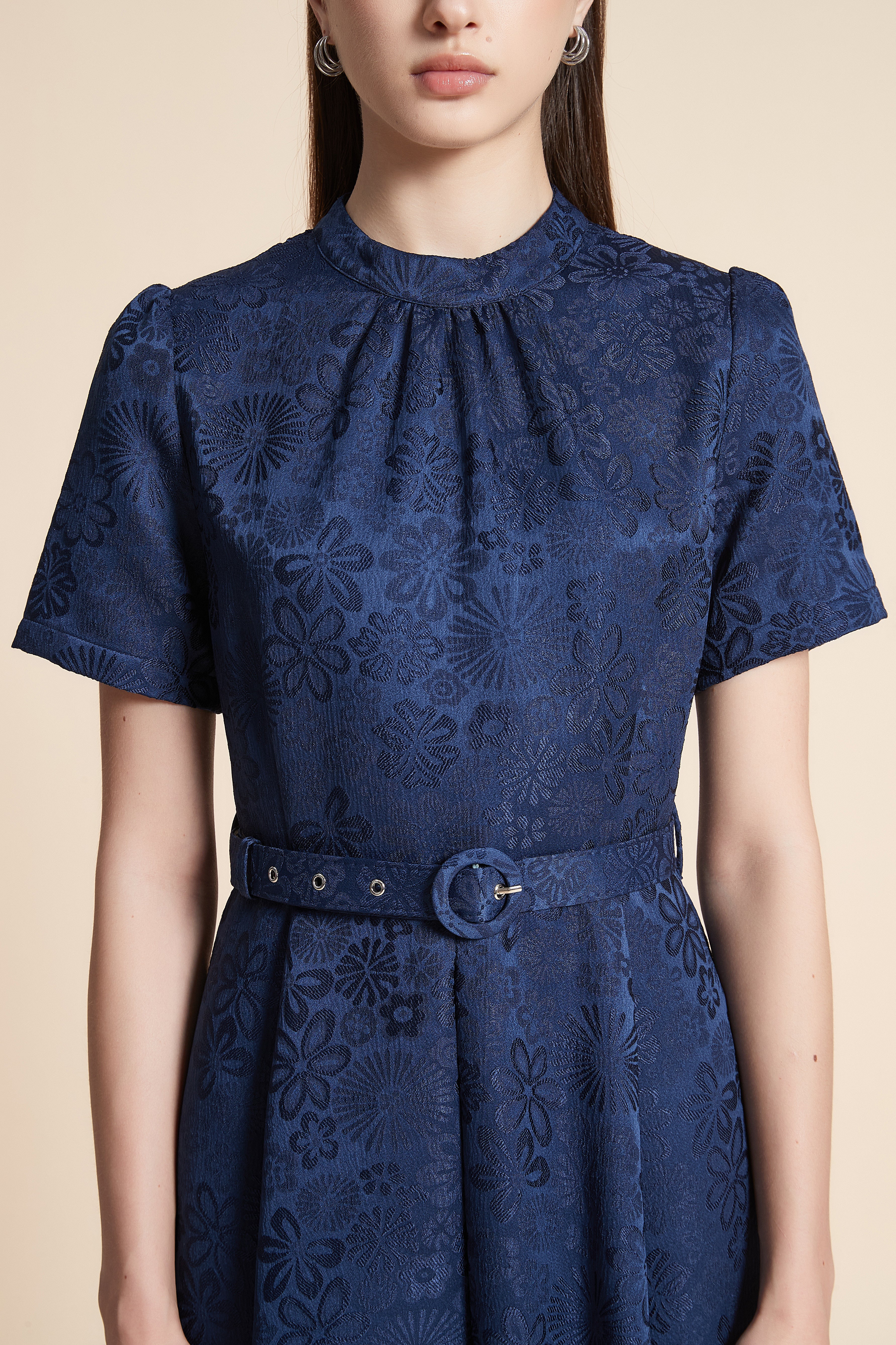 Short Sleeve Printed Midi Dress with Belt