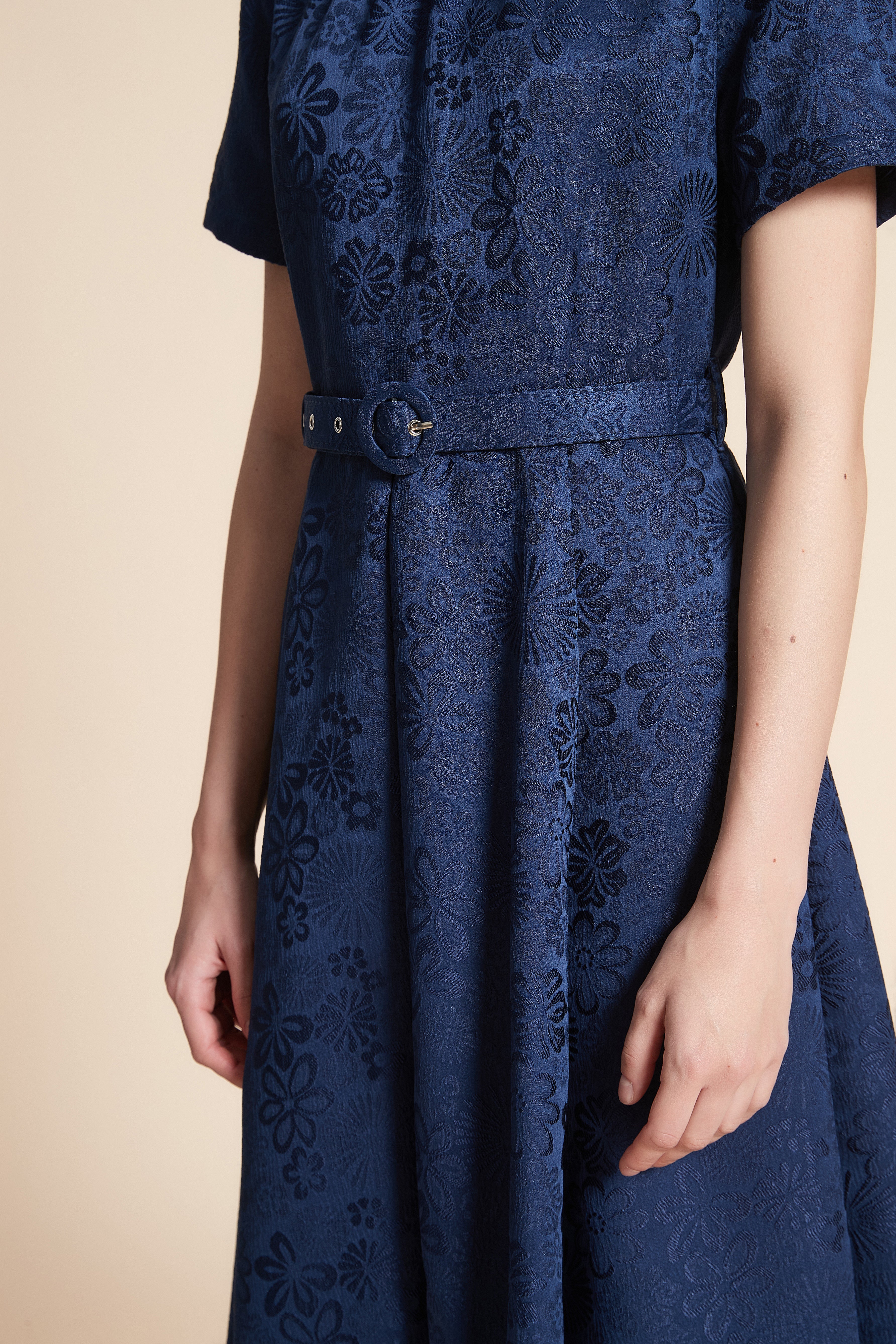 Short Sleeve Printed Midi Dress with Belt