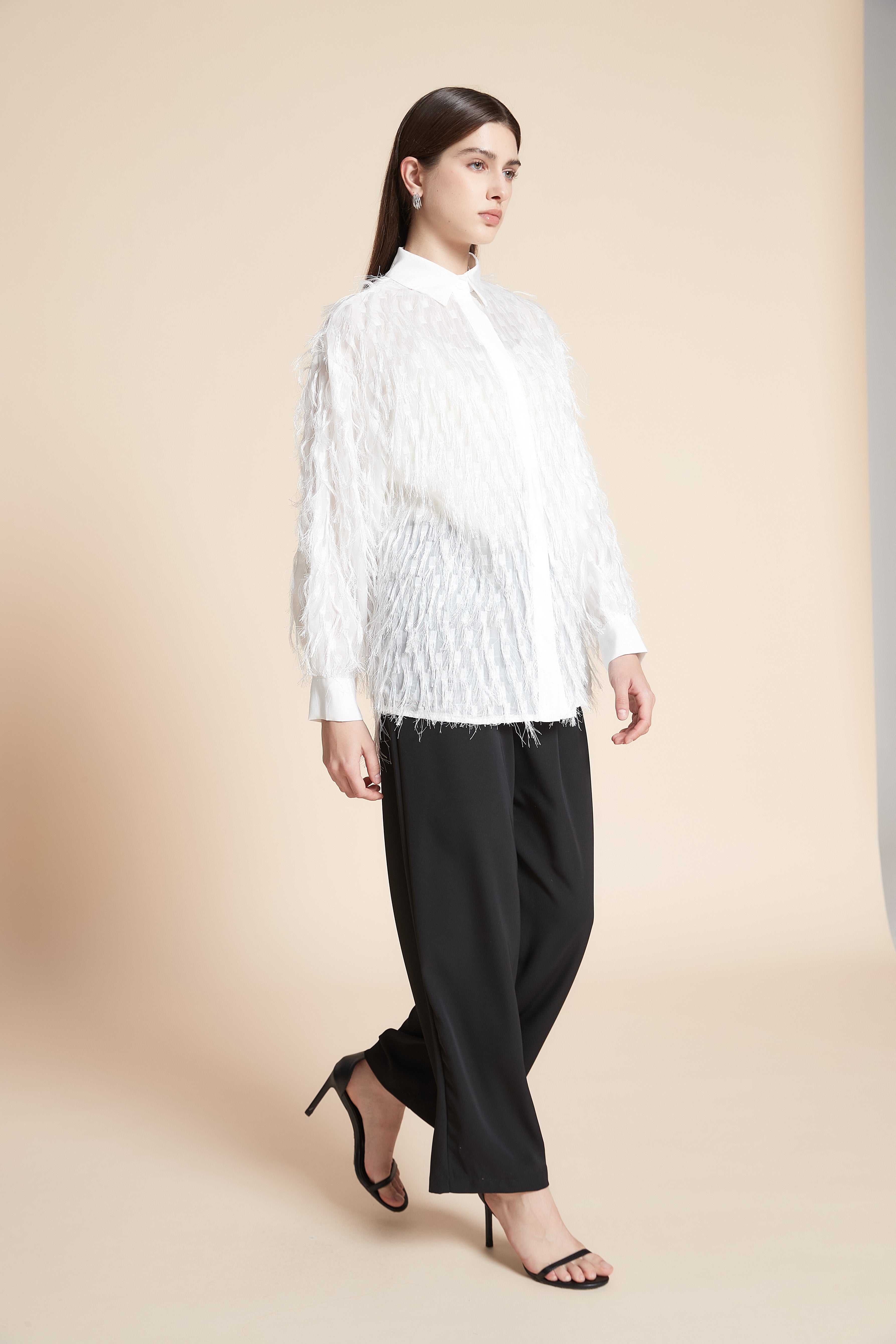 Feather Long Sleeve Waist-Length Blouse