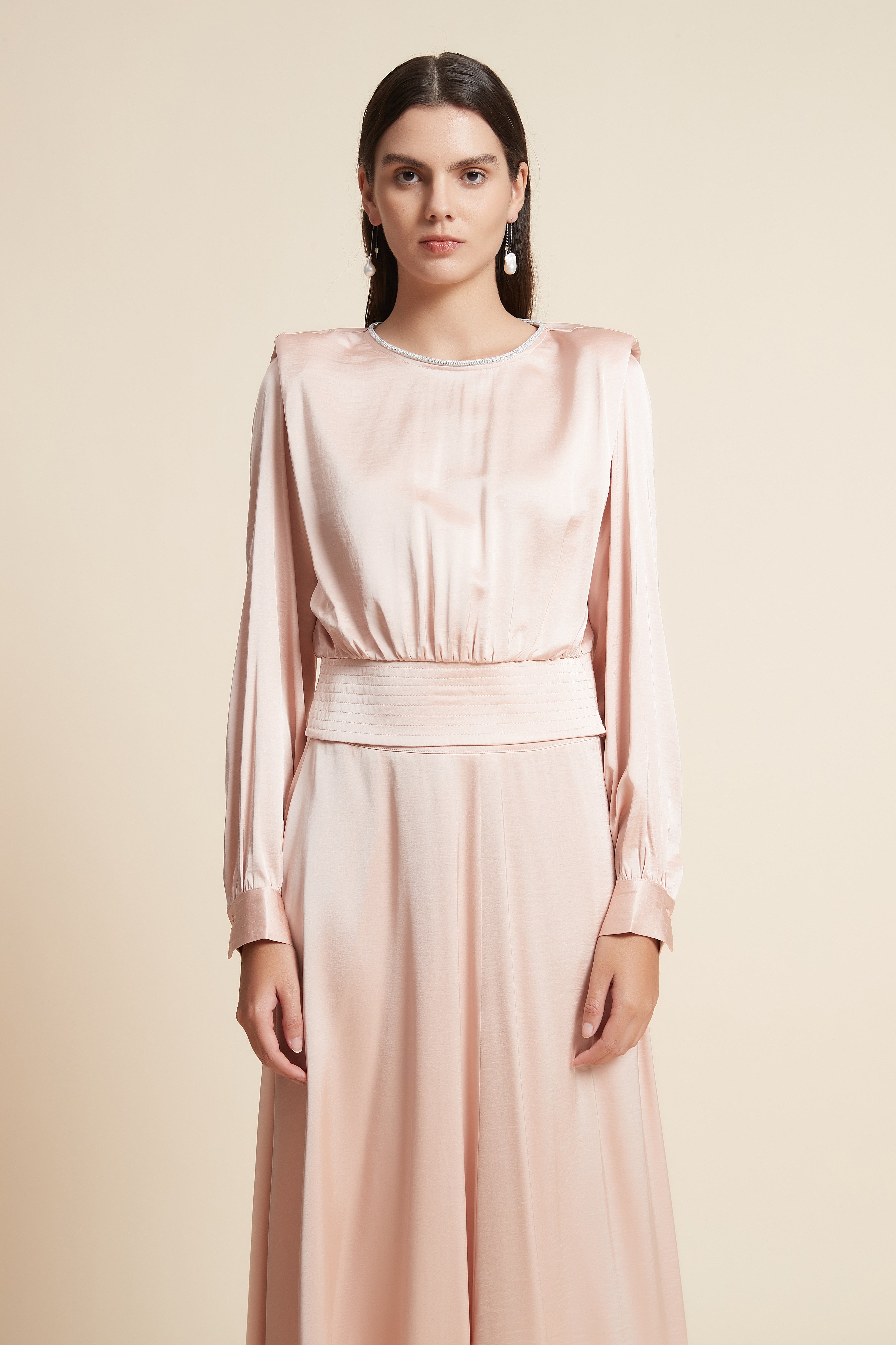 Long Sleeve Satin Blouse with Square Neck