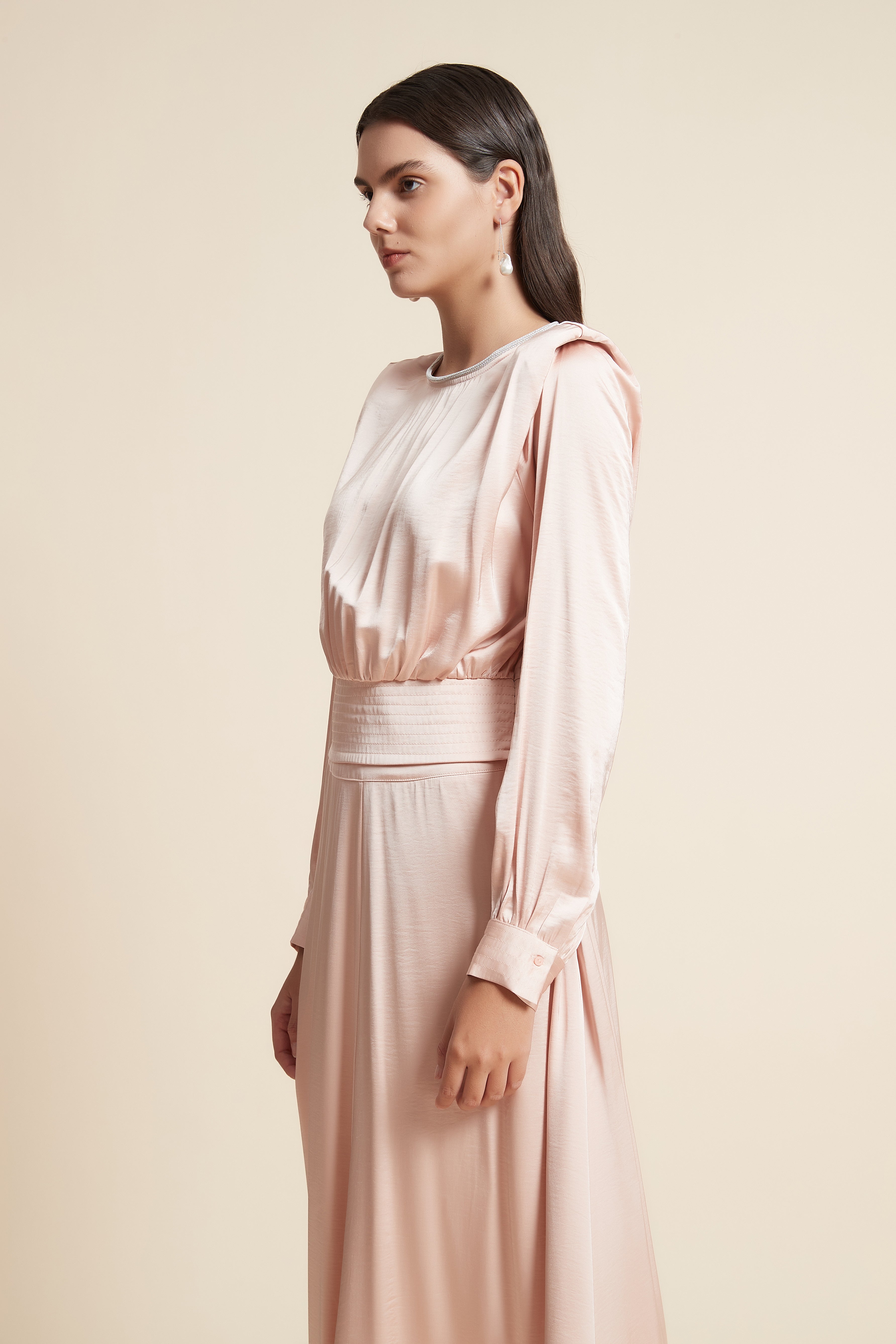 Long Sleeve Satin Blouse with Square Neck