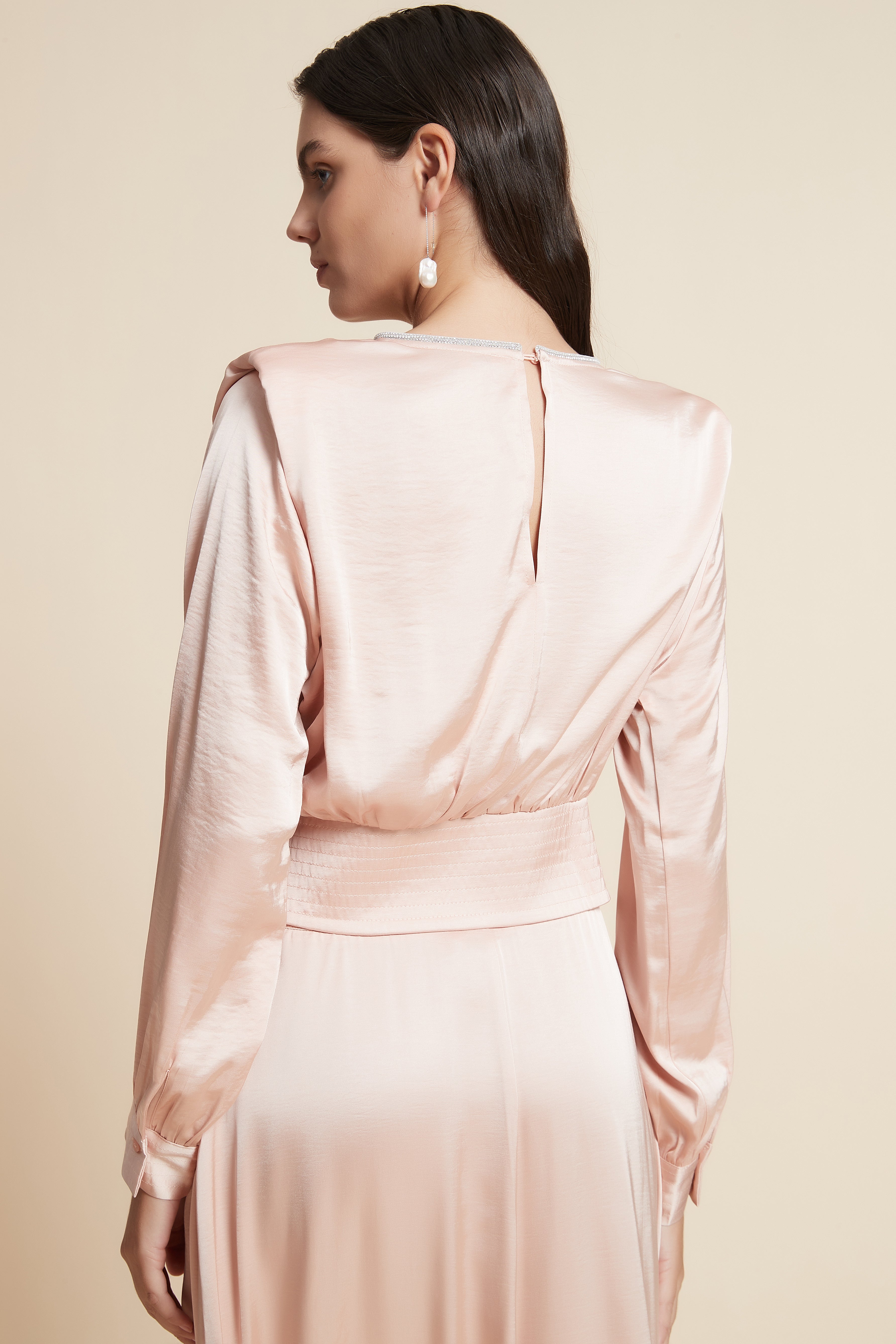 Long Sleeve Satin Blouse with Square Neck
