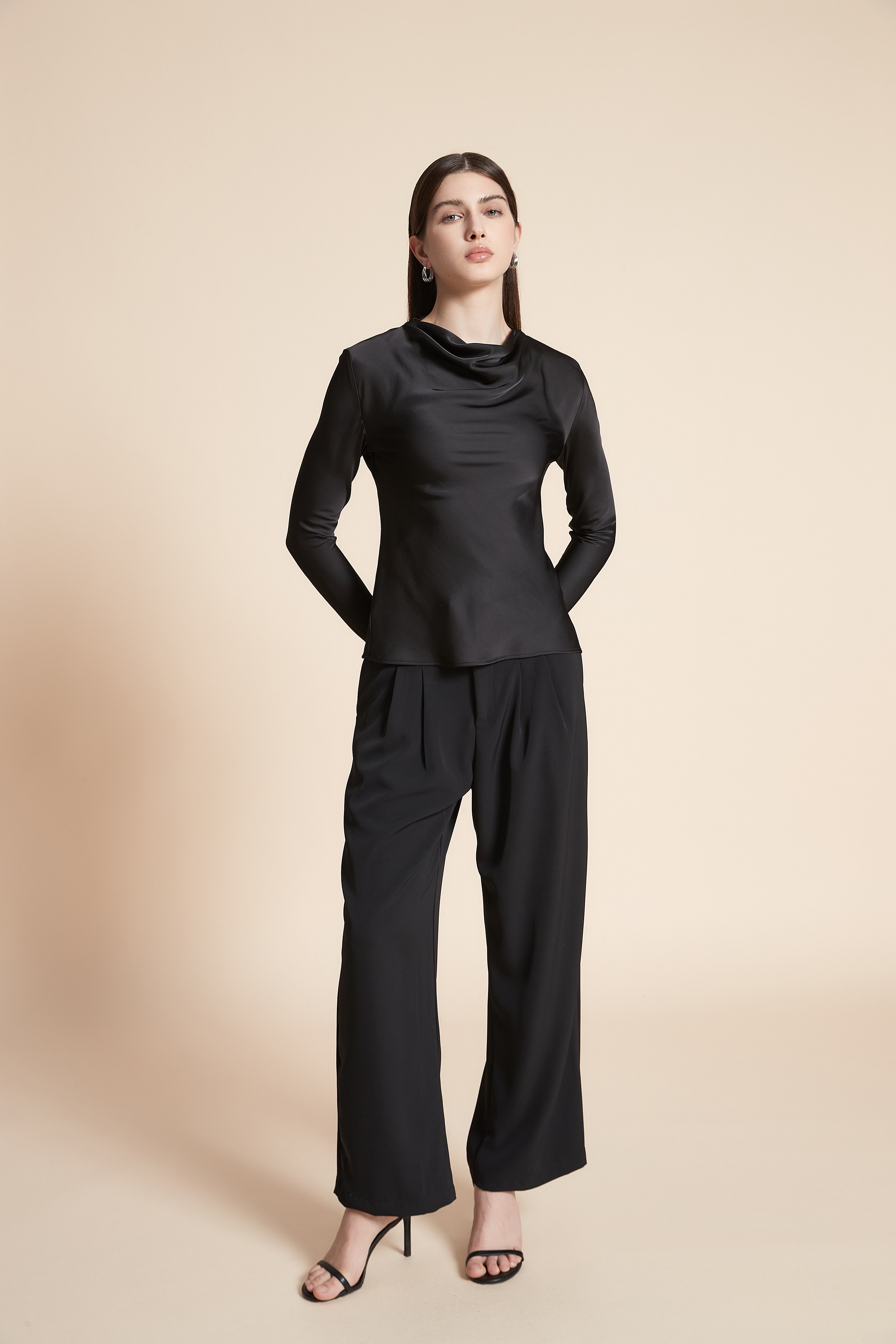 Solid Waist-Length Long Sleeve Blouse