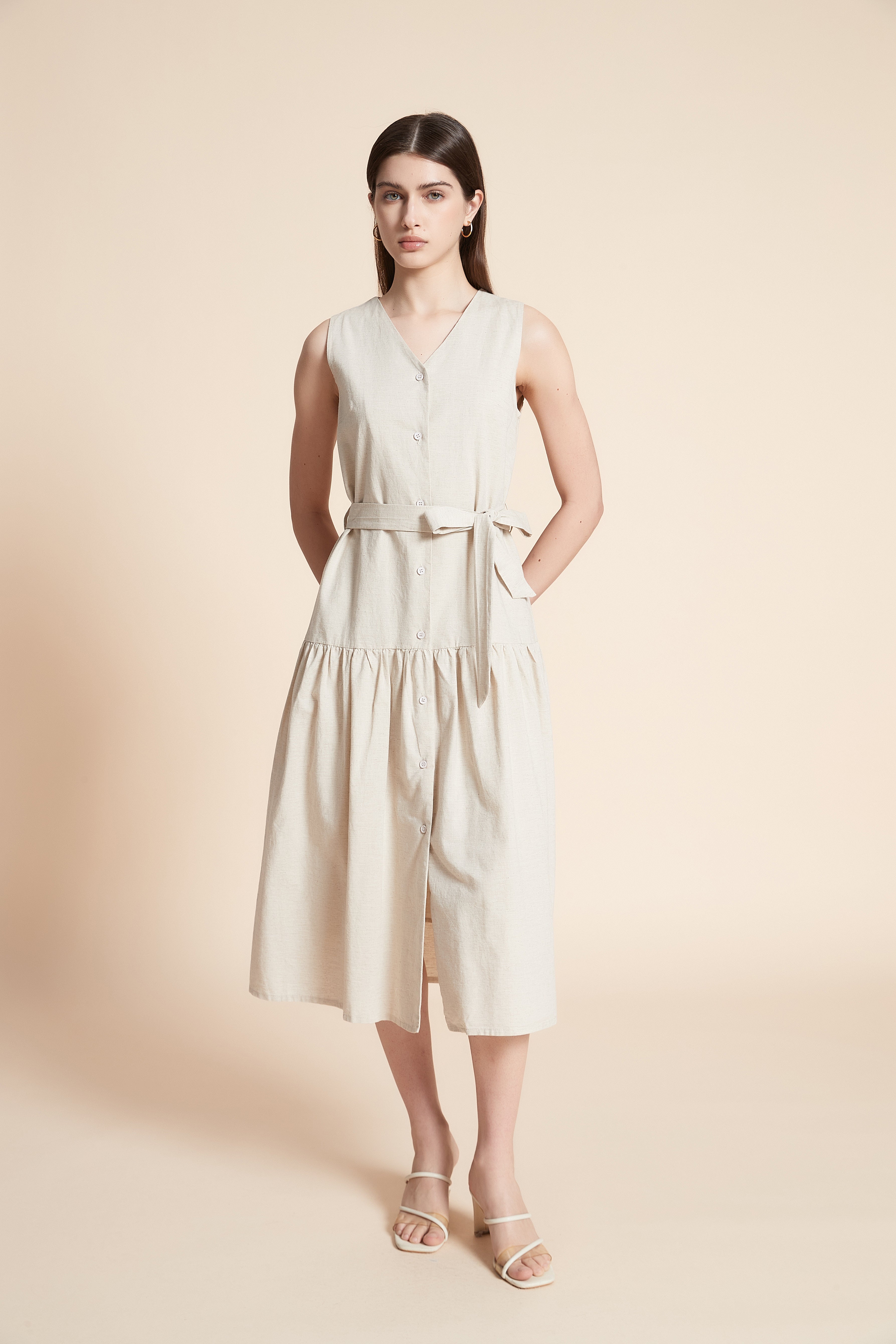 Solid Midi Sleeveless Dress with Belt