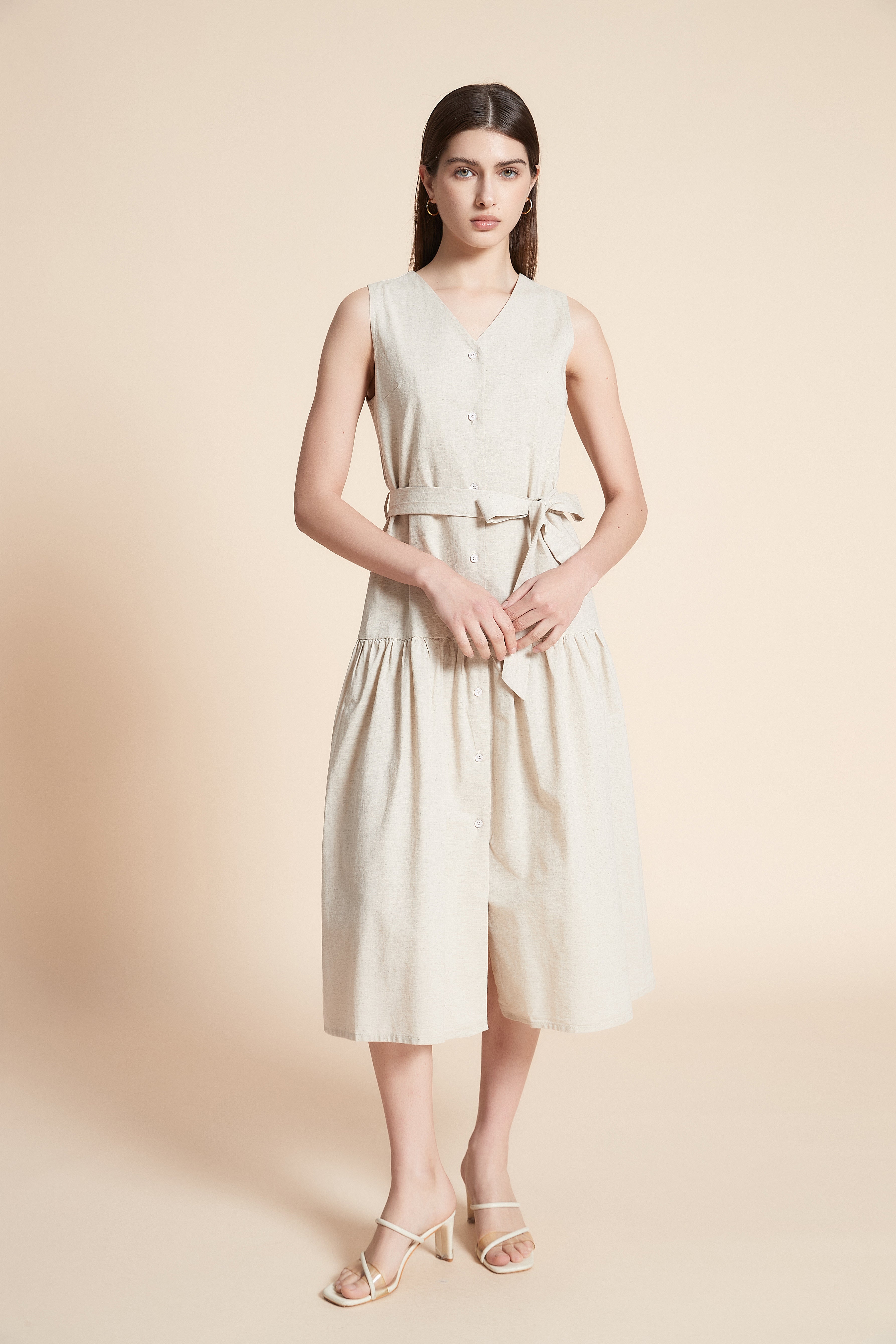 Solid Midi Sleeveless Dress with Belt