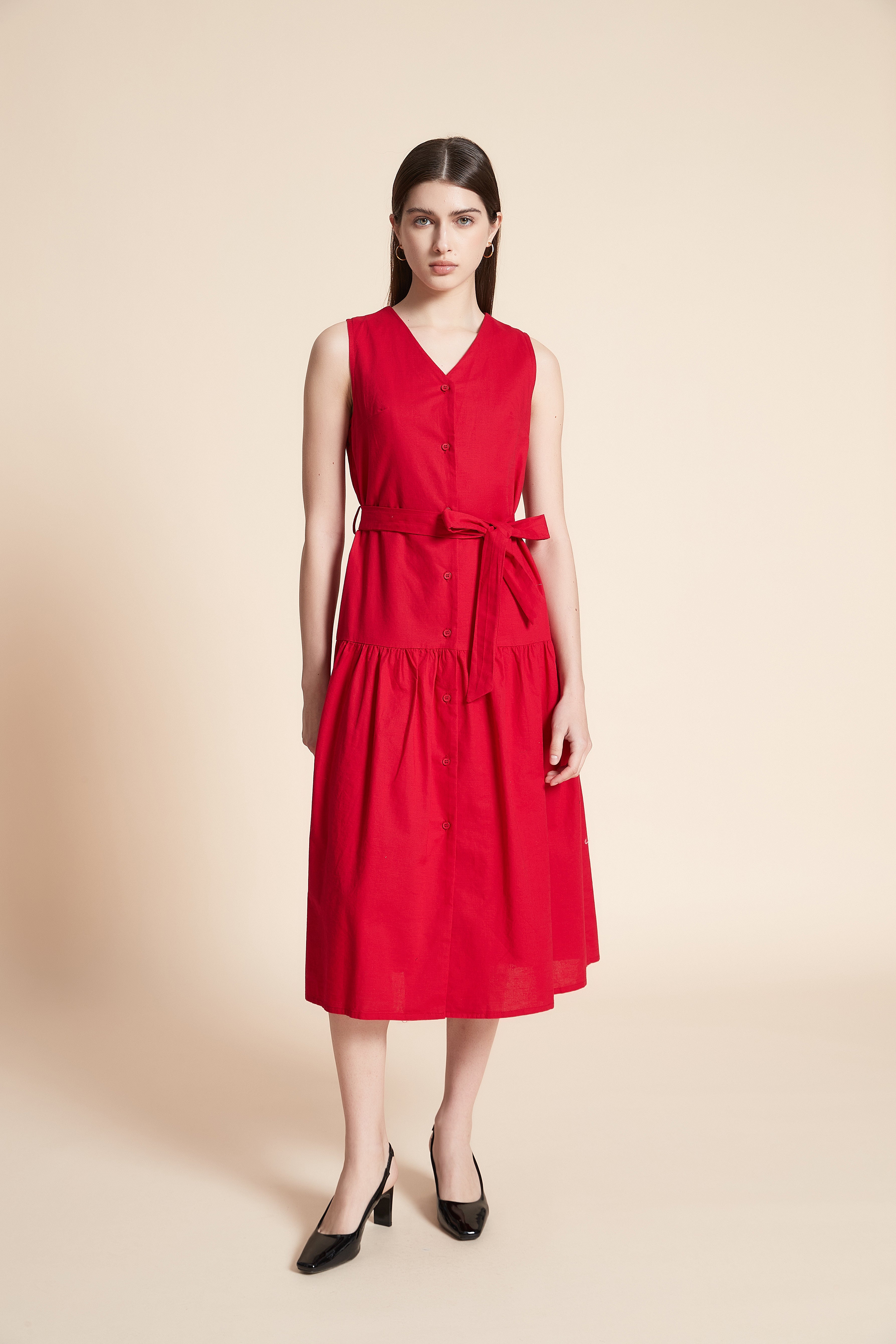 Solid Midi Sleeveless Dress with Belt