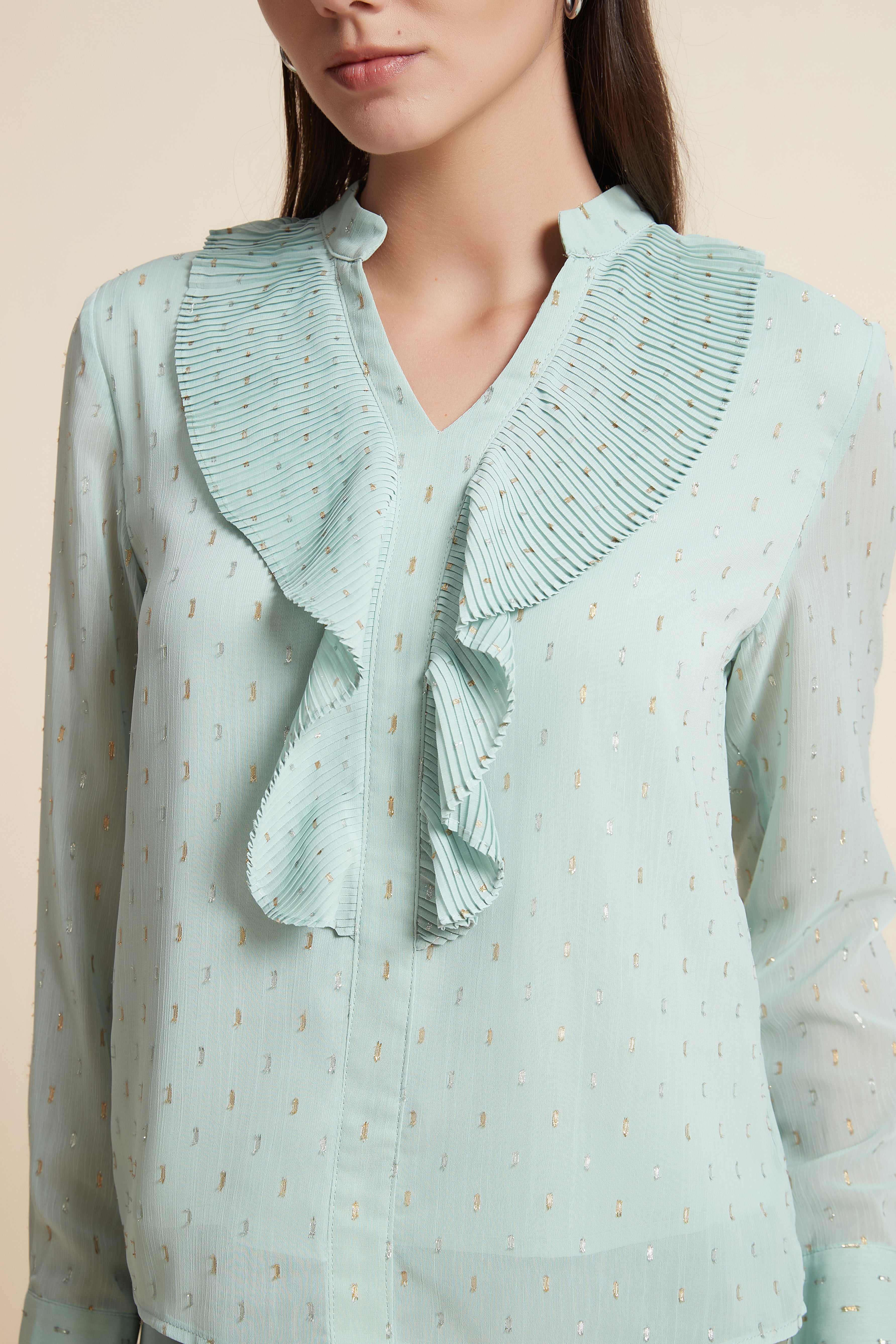 Long Sleeve V-Neck Blouse with Chest Print