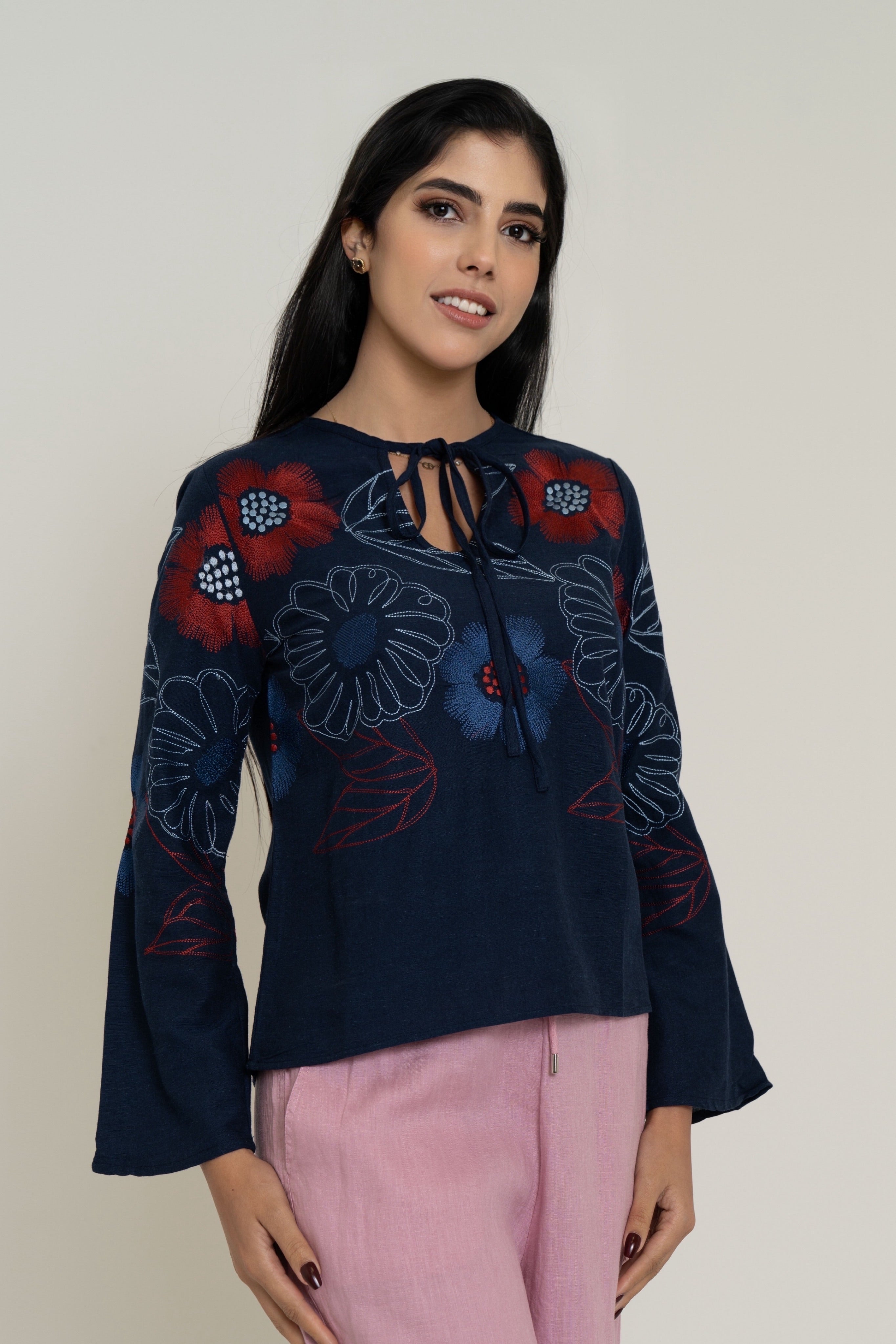 Floral Waist-Length Blouse with Long Sleeves